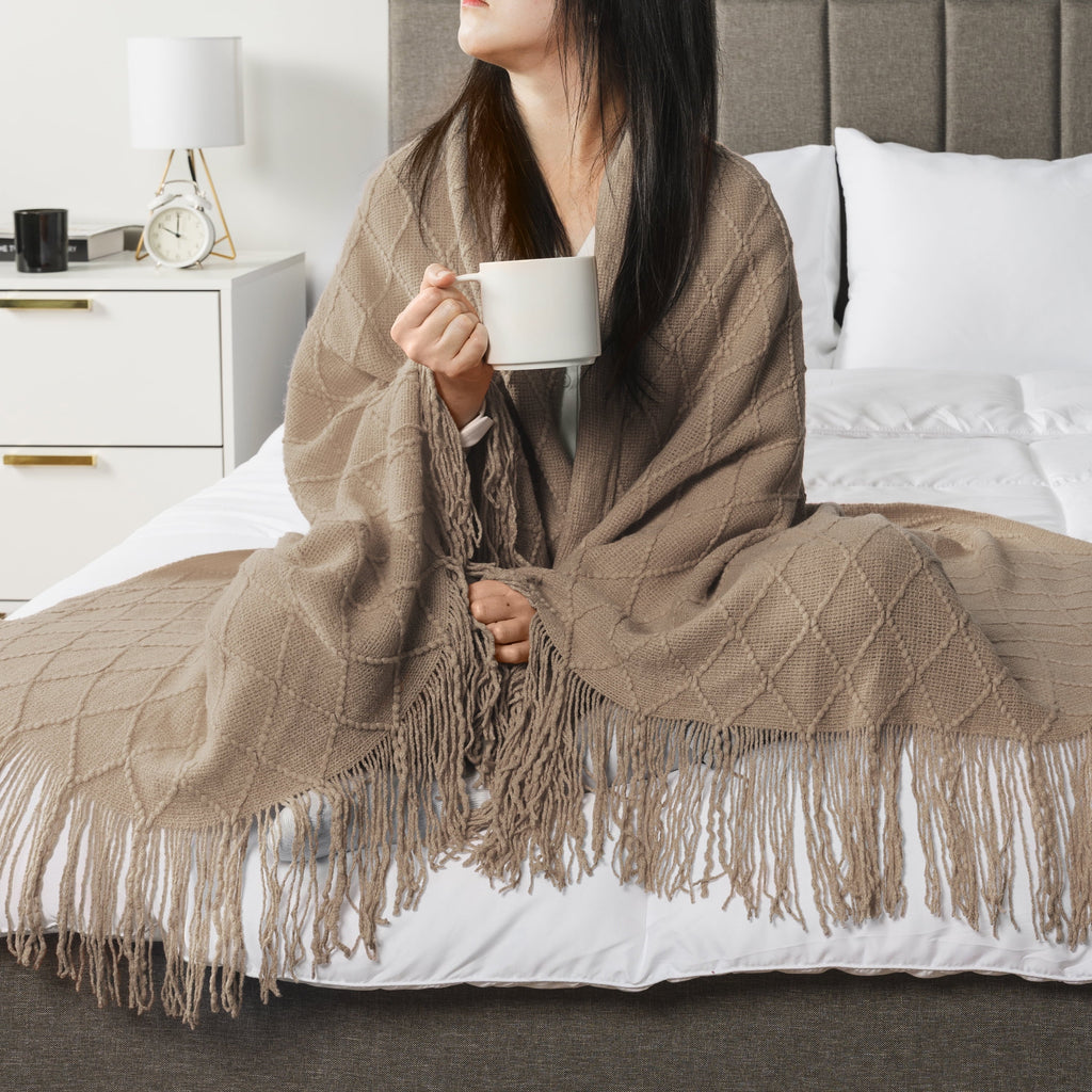 Super Soft Flannel Tan Taupe Knit Throw Blanket for Couch Bed, Soft Knitted Farmhouse Sofa Throw for Living Room, Lightweight Decorative... - Luxury Knitted Decorative Throw Blanket with Fringes Detail