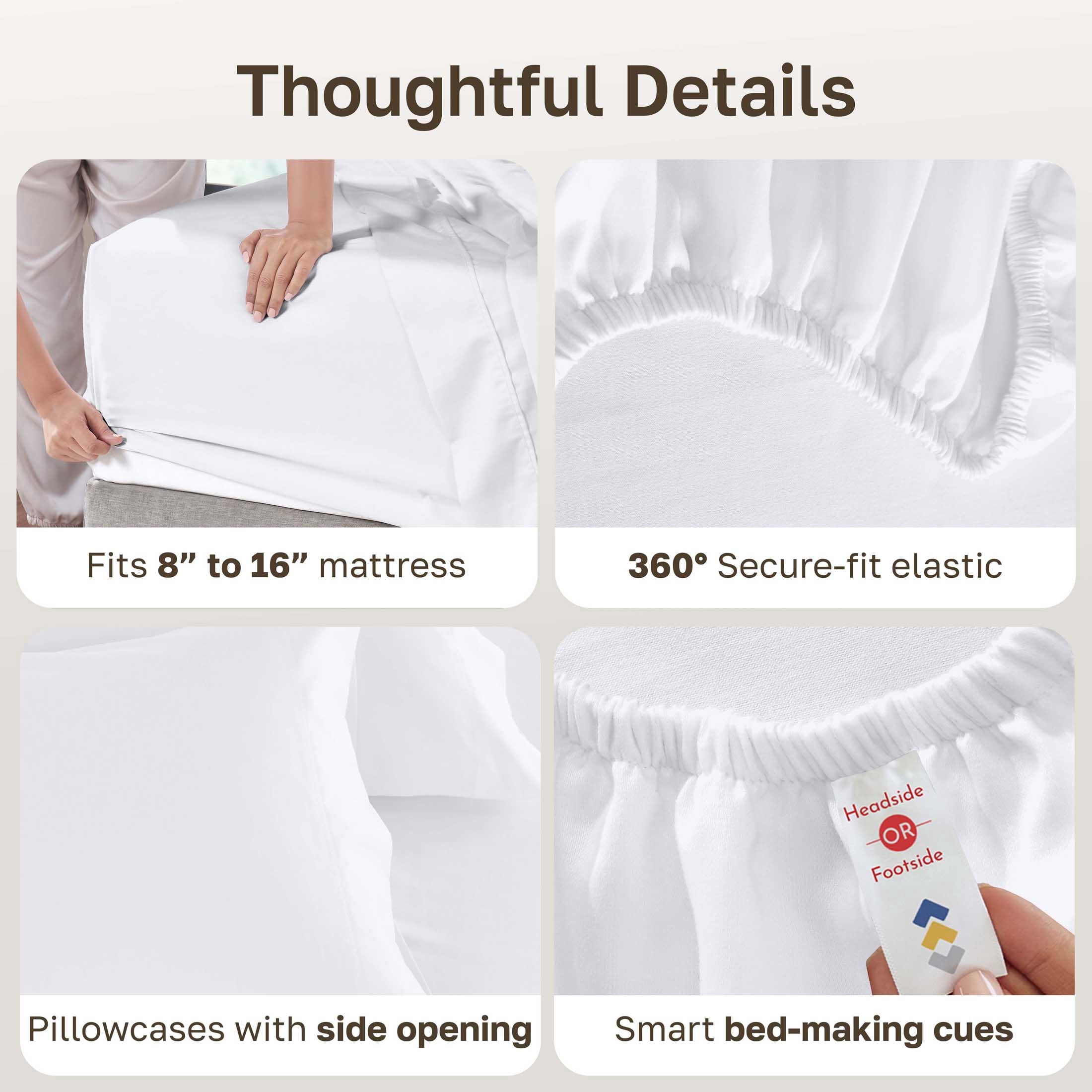 Wrinkle-Resistant 100% Cotton Queen Sheets Set - 600 Thread Count 100% Cotton Sheets Queen, Sateen Deep Pocket Adult/Teen 4 Piece Bed Sh - Premium Ultra-Soft Pillowcase Pair for Sleeping Detail