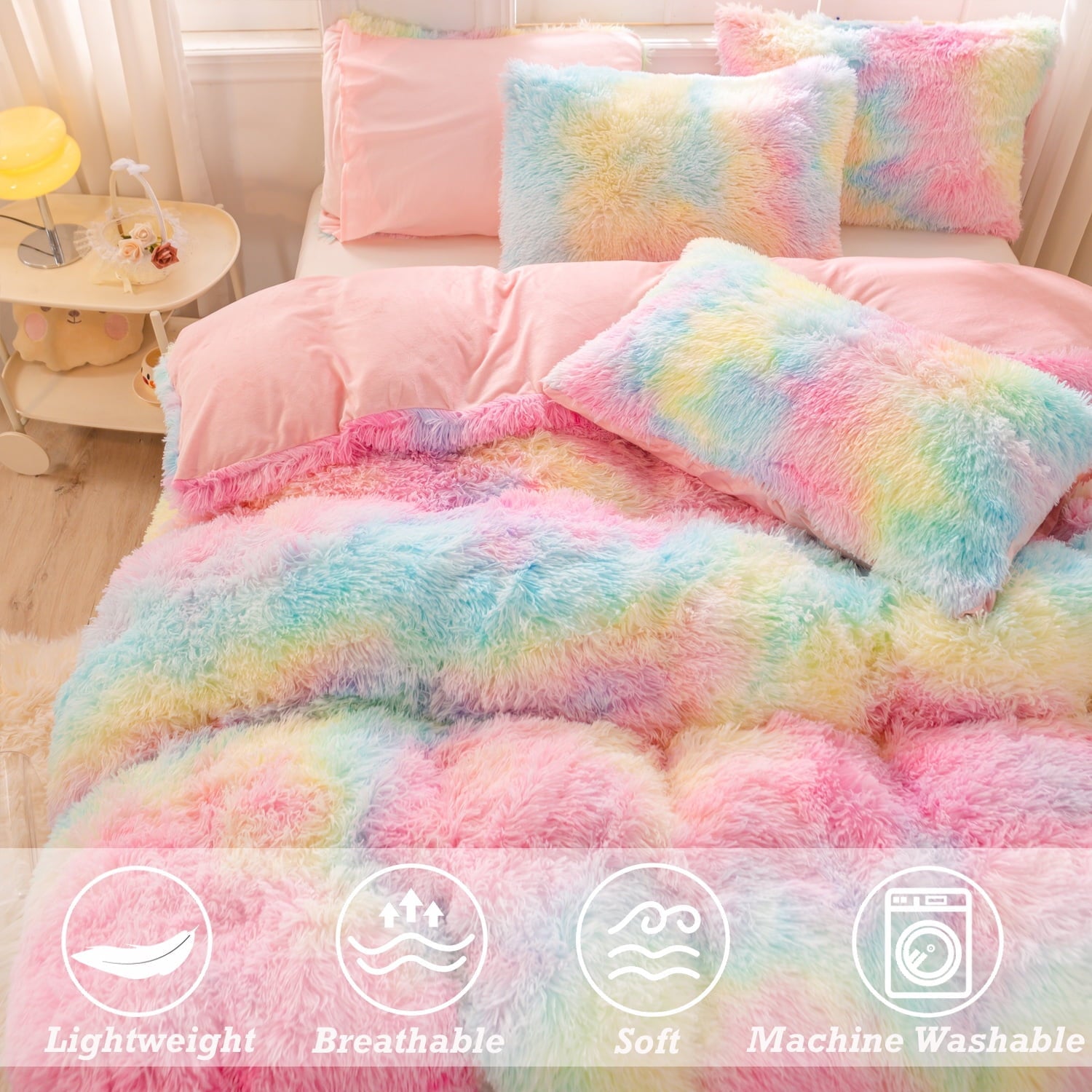 Luxurious Quilted 3Pcs Pink Faux Fur Twin Comforter Set for Girls Tie Dye Rainbow Kid Bed Set Plush Shaggy Bedding Sets Fuzzy Bed Comfo... - All-Season Down Alternative Comforter Insert Detail