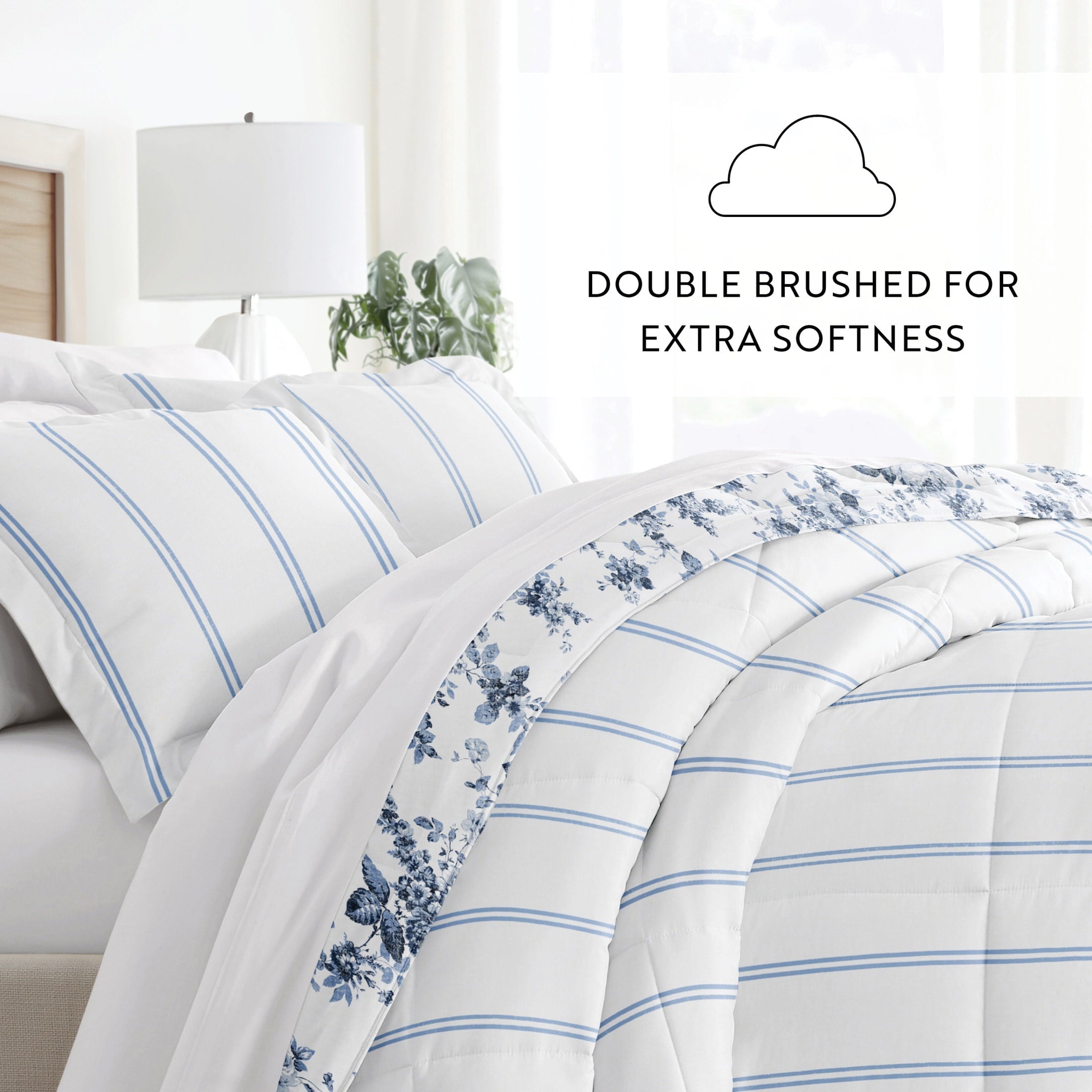 Heavyweight Warmth Down Alternative Cabbage Rose Stripe Stone Reversible Comforter Set - Luxurious Quilted Duvet Cover Set Detail