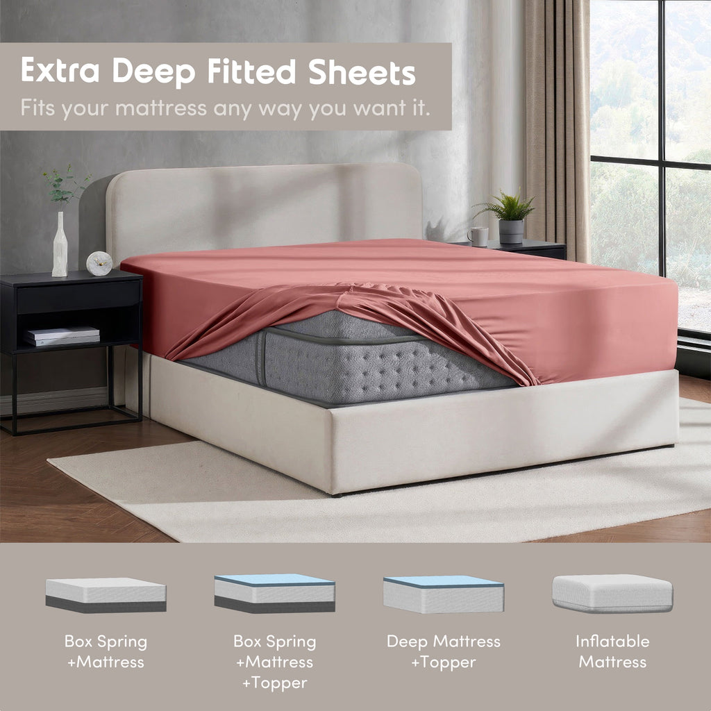 Premium Egyptian Cotton Extra Deep Pocket Twin XL Fitted Sheet Only, Fits 18" to 24" Mattress, Soft Microfiber Fitted Bed Sheet, Pink Clay - Breathable Egyptian Cotton Flat & Fitted Sheets Detail
