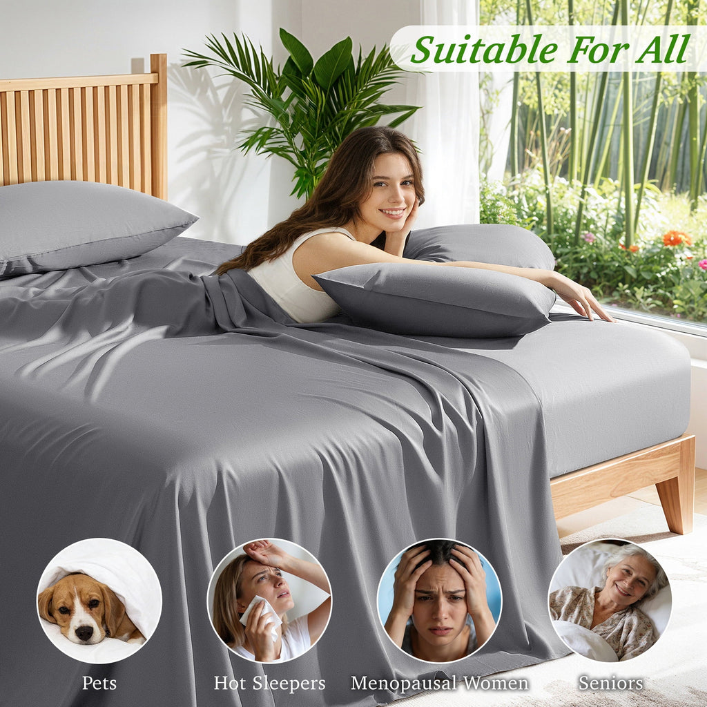 Wrinkle-Resistant Bamboo Queen Sheet Set, Luxury Soft 4 Pieces Bed Sheets with 18" Deep Pocket, Gray - Cooling Hotel Quality Bedding Sheets and Pillowcases Detail