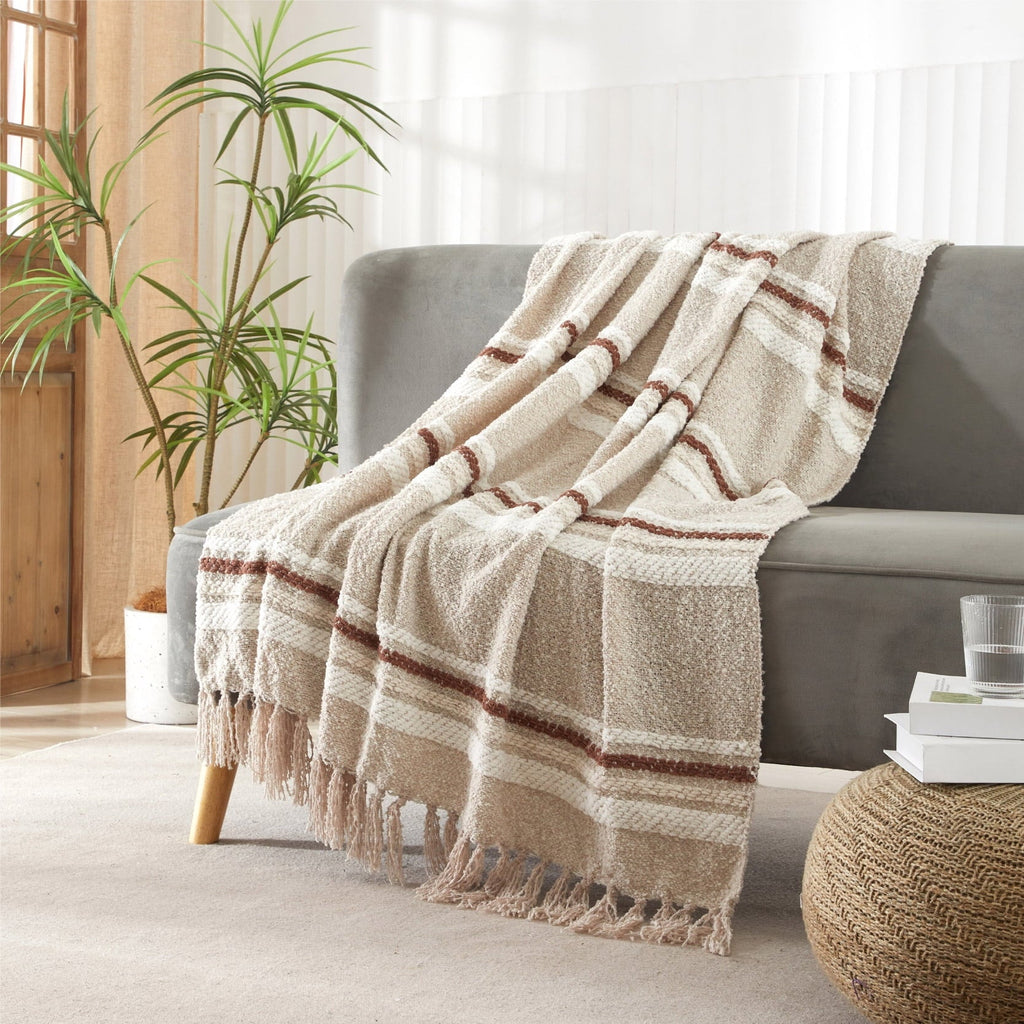 Lightweight Warm 60" x 50" Cozy Striped Porcini Chenille Throw - Super Soft Reversible Sherpa Flannel Blanket Detail