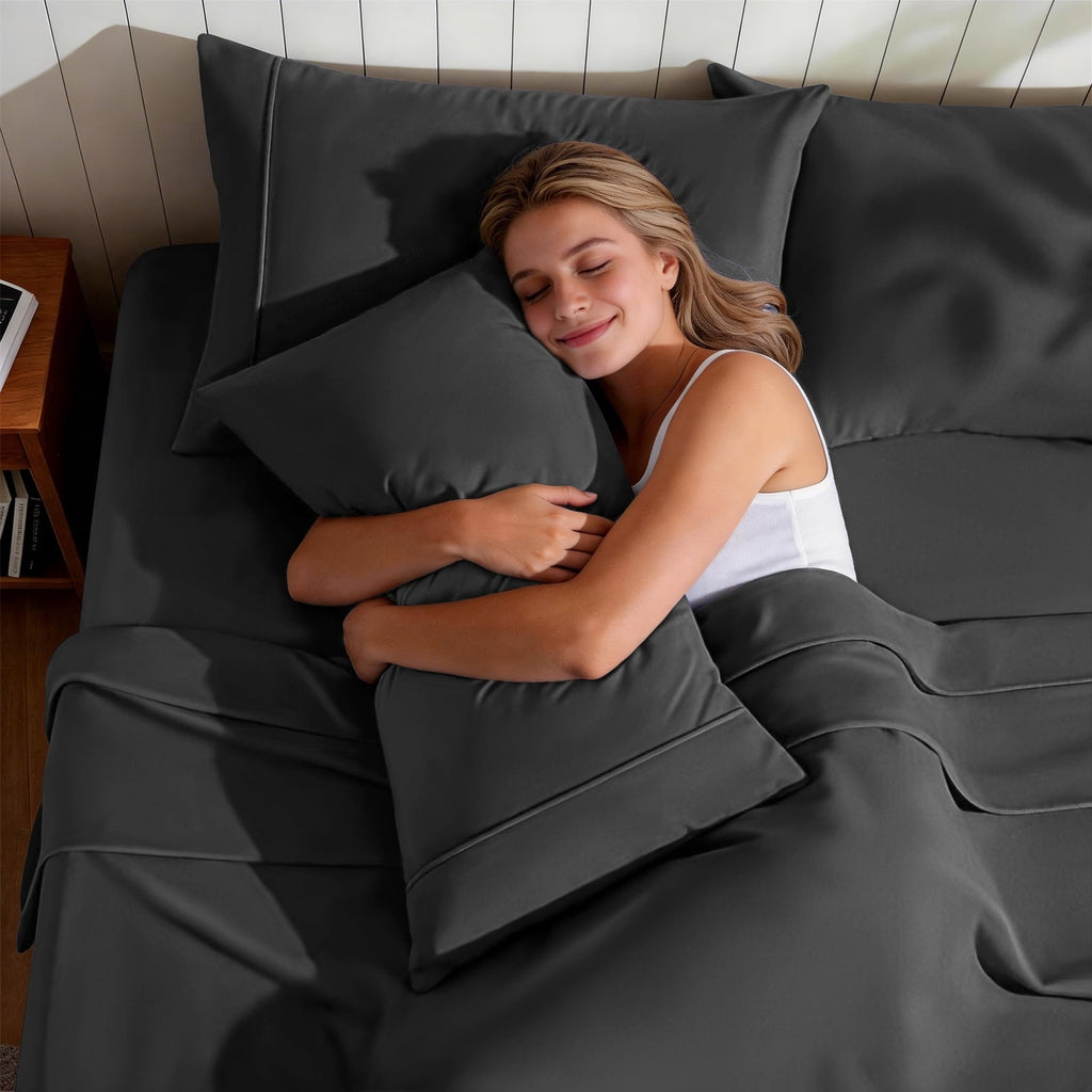 Wrinkle-Resistant Sheets,Soft Hotel Luxury Polyester Washed Cotton,4 Piece Sheets Set,with 14" Deep Pocket,Dark Gray - Luxury Bed Sheet Set with Deep Pockets Detail
