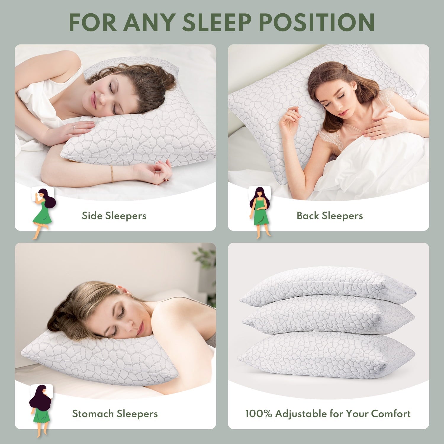 Orthopedic Support Queen Size Bed Pillows 4-Pack,3.3lb Shredded Memory Foam Filled,Hyper Soft & 3D Breathable Cooling Desigh Cover Fitti... - Orthopedic Shredded Foam Bed Pillow Set Detail