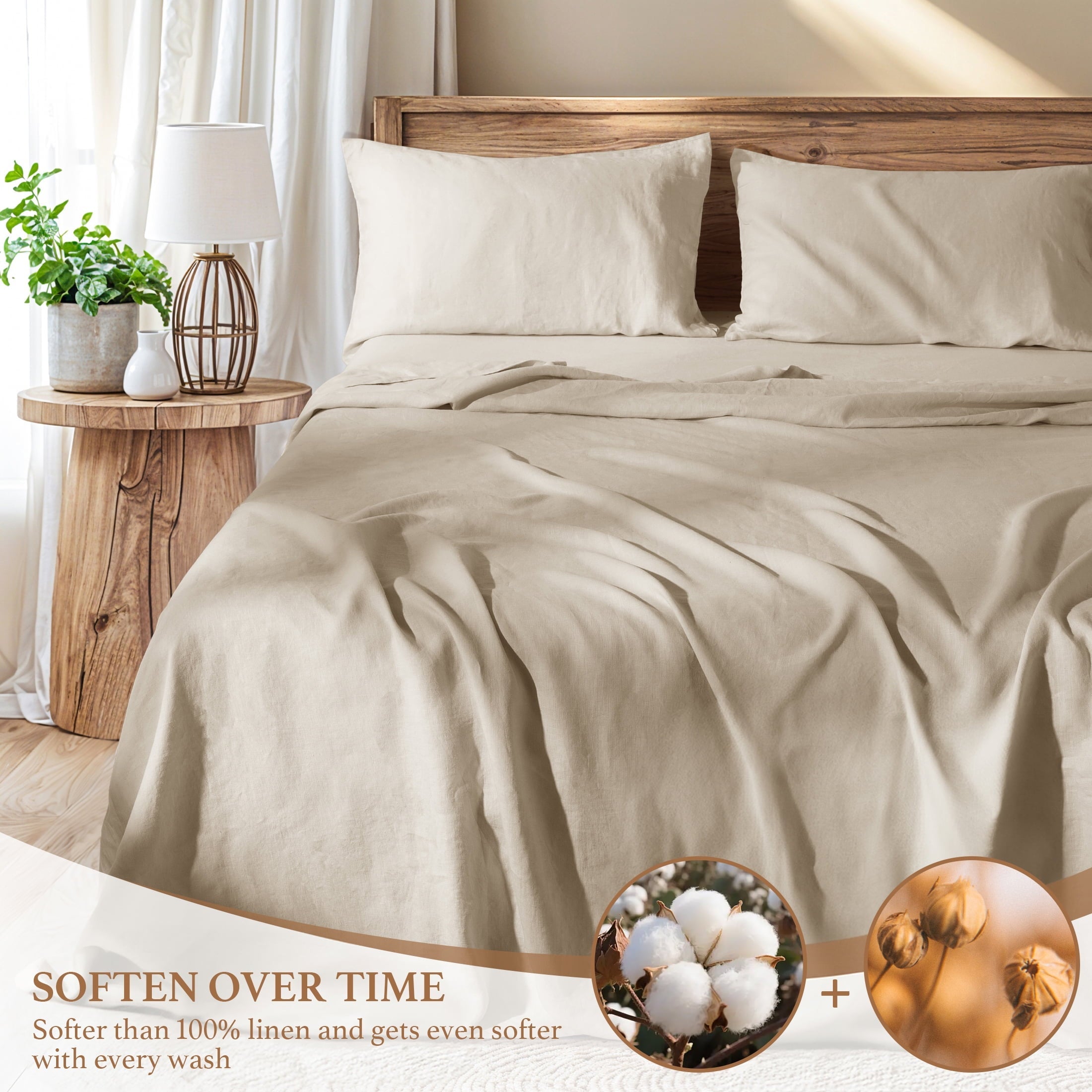 Wrinkle-Resistant Natural Linen Cotton Bed Sheets Set, Deep Pocket - Breathable - Durable - 4 Pieces (Linen, Queen) - Premium Ultra-Soft Pillowcase Pair for Sleeping Detail