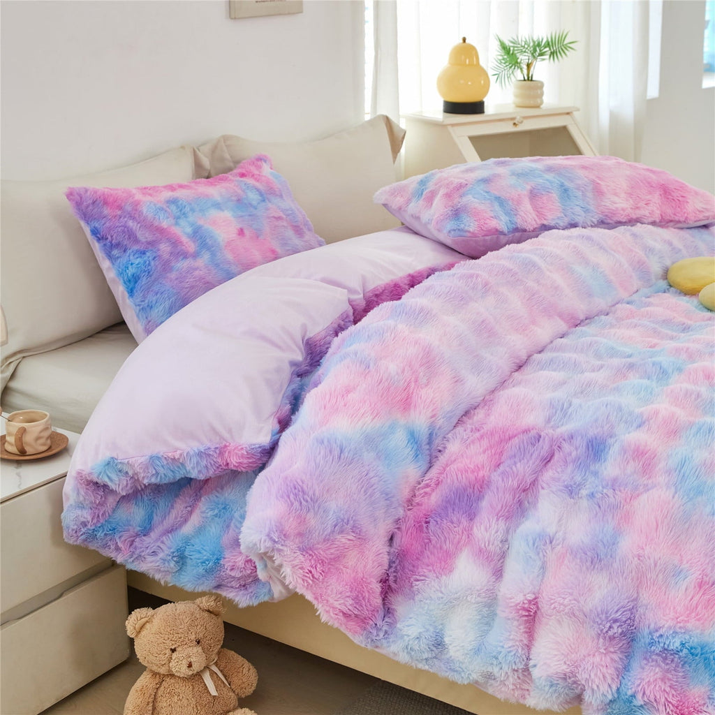 Heavyweight Warmth Faux Rabbit Fur Comforter Set Twin 3Pcs Girls Blue Purple Bedding Set Tie-Dyeing Soft Bed Comforter Set Warm Fuzzy Ki... - Luxurious Quilted Duvet Cover Set Detail