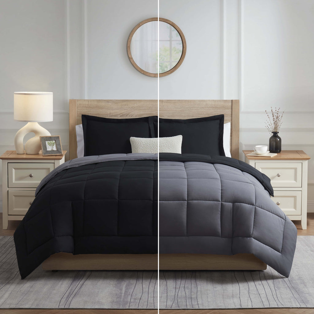 Fluffy Down Alternative Queen Comforter Set, 3 Piece Bed in a Bag, Reversible Down Alternative Bedding Set, Black & Gray - Cloud-Like Soft Lightweight Bed Comforter Detail