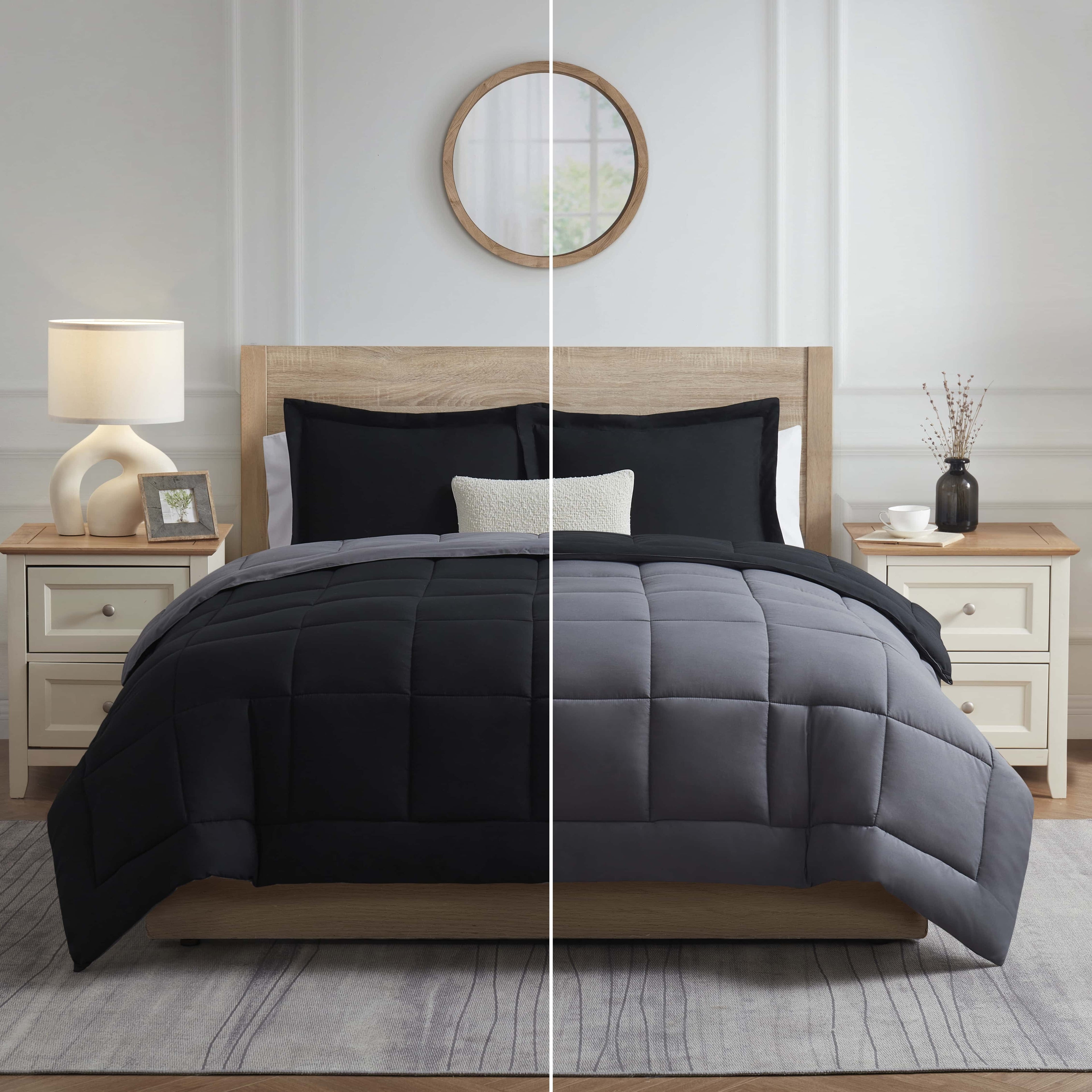 Fluffy Down Alternative Queen Comforter Set, 3 Piece Bed in a Bag, Reversible Down Alternative Bedding Set, Black & Gray - Cloud-Like Soft Lightweight Bed Comforter Detail