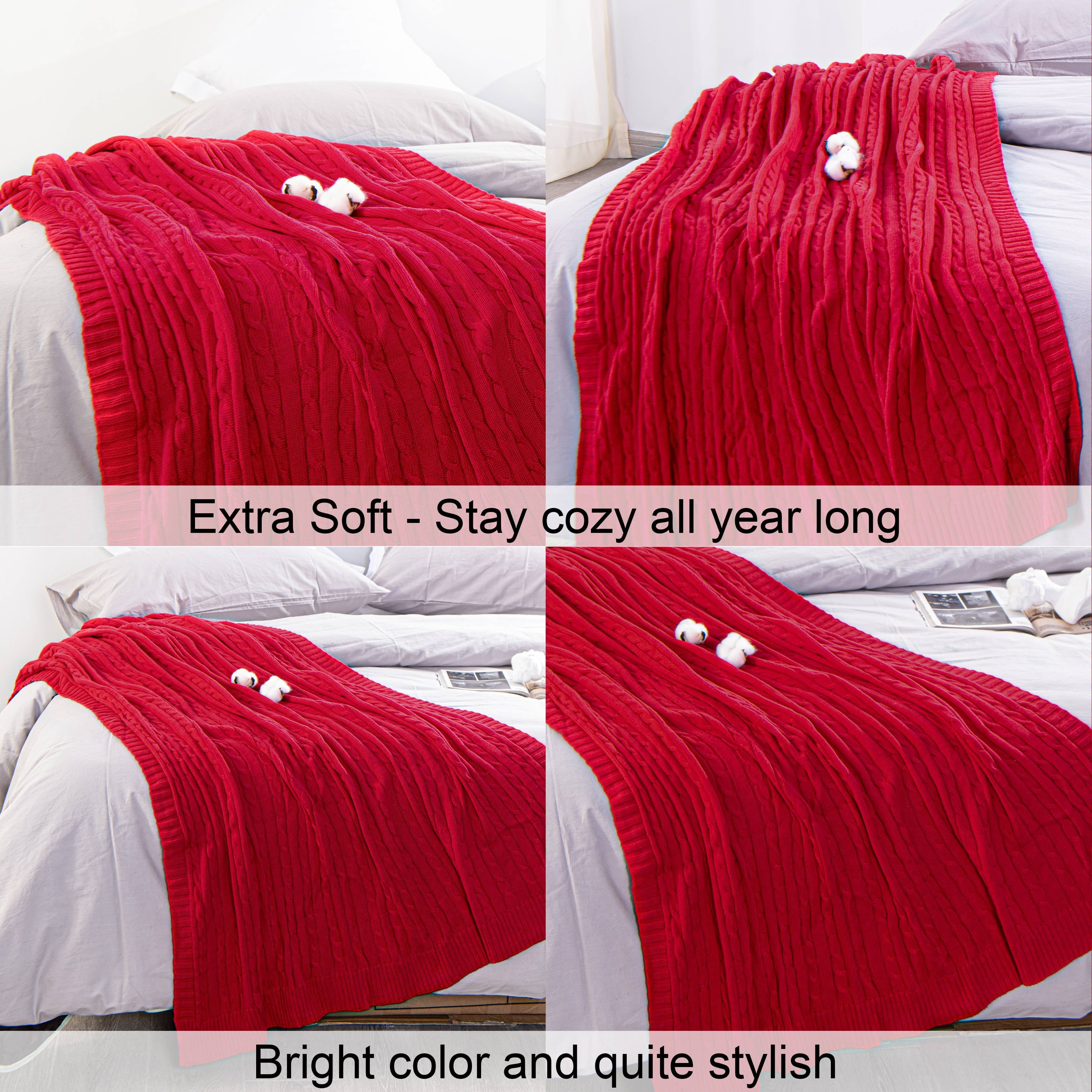 Cozy Fleece 100% Cotton Cable Knit Throw, Super Soft Warm Knitted Blanket Home Decor, 51"x67", Red - Cozy Fleece Throw Blanket for Couch & Bed Detail