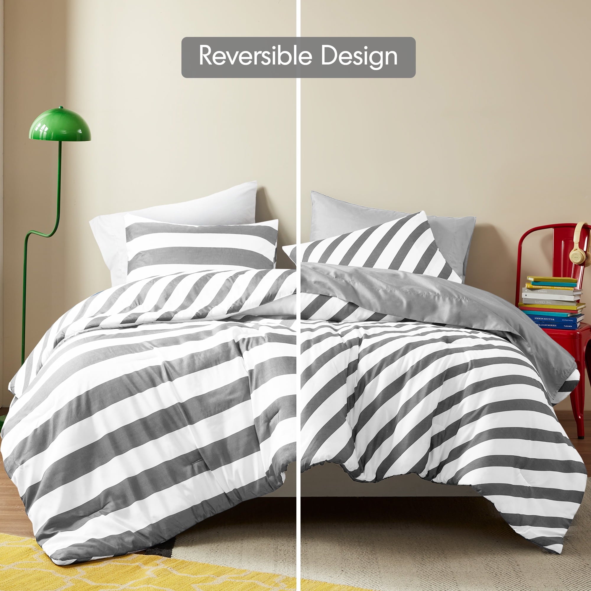Fluffy Down Alternative Full/Queen Size Comforter Sets, 3-Piece Bedding Set Full/Queen, Reversible Striped Comforter Bed Set, Charcoal - Luxurious Quilted Duvet Cover Set Detail