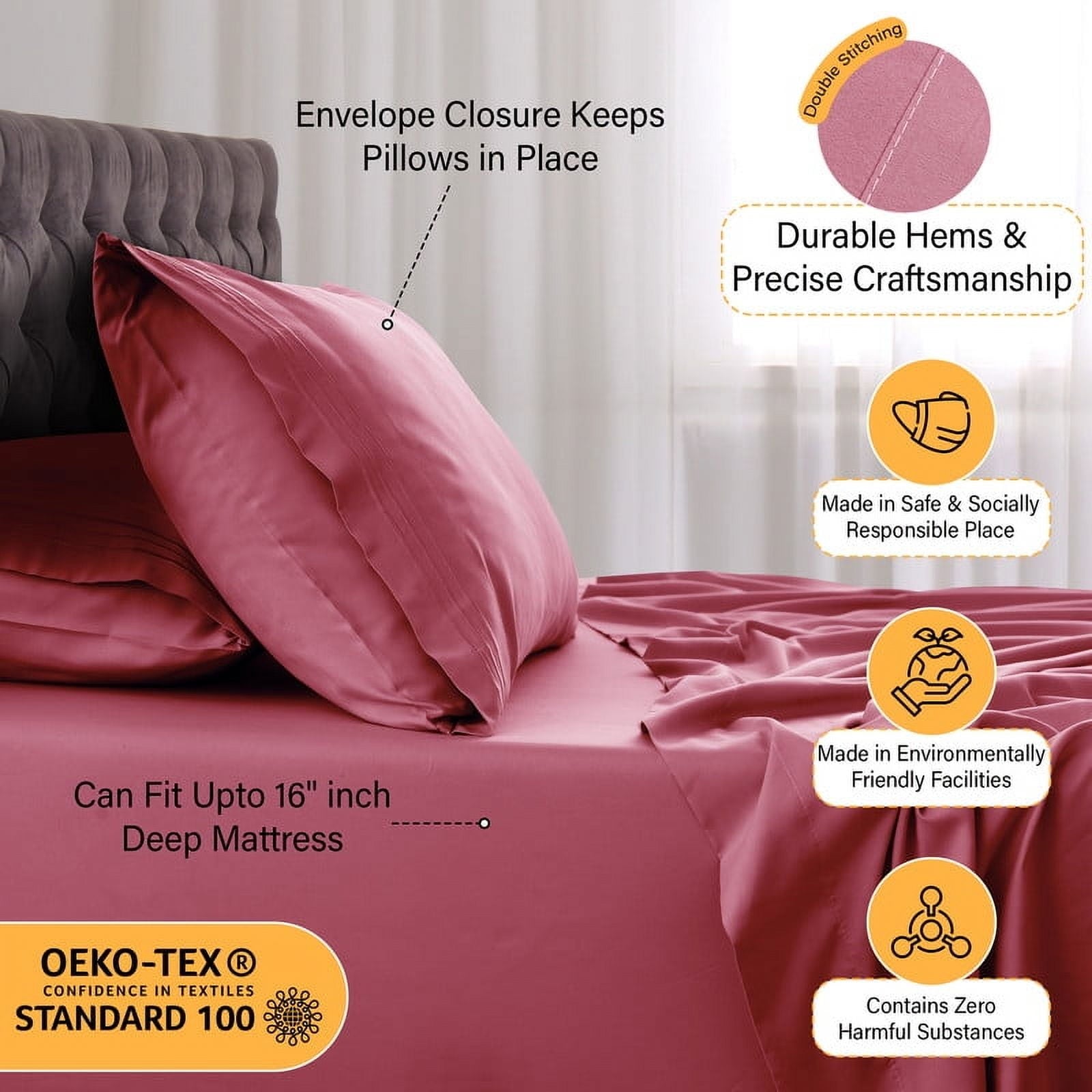 Breathable Luxury Size Sheet Set, 4-Piece Plain Soft Microfiber – Deep Pocket Bed Sheets, Includes 1 Fitted Sheet, 1 Flat Sheet, 2 Pill... - Luxury Bed Sheet Set with Deep Pockets Detail