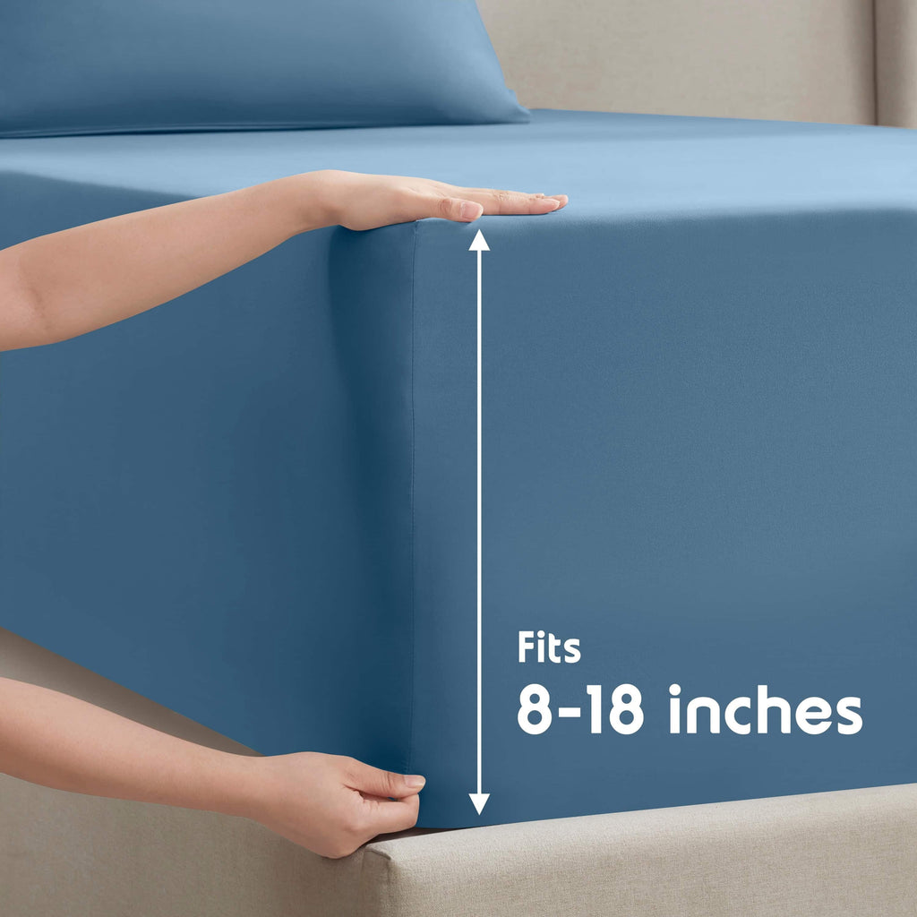Breathable Luxury Split King Sheet Sets, Deep Pocket 5 Piece, Luxury Soft Microfiber Bed Sheet Sets, BLUE HEAVEN - Breathable Egyptian Cotton Flat & Fitted Sheets Detail