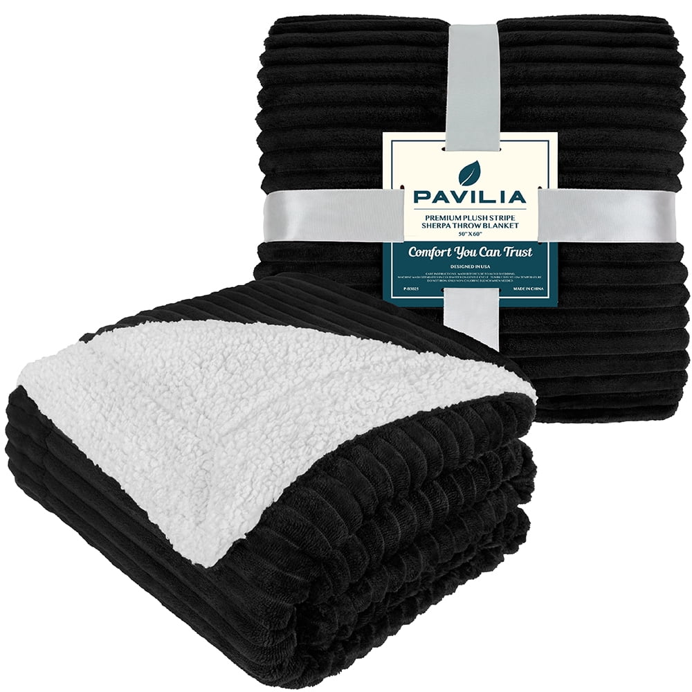 Lightweight Warm Reversible Sherpa Fleece Throw Blanket Black, Plush Flannel Throw, Ultra Soft Warm Ribbed Microfiber Blanket for Sofa... - Cozy Fleece Throw Blanket for Couch & Bed Detail