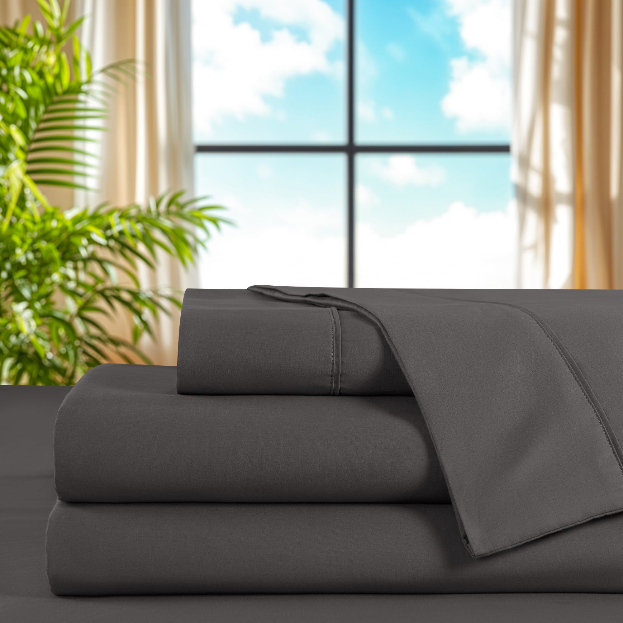 Breathable Luxury 100% Cotton Bed Sheets Set, 1000 Thread Count 4 Piece Luxury Soft Sheets Set with 16" Deep Pocket, Queen, Dark Gray - Luxury Bed Sheet Set with Deep Pockets Detail