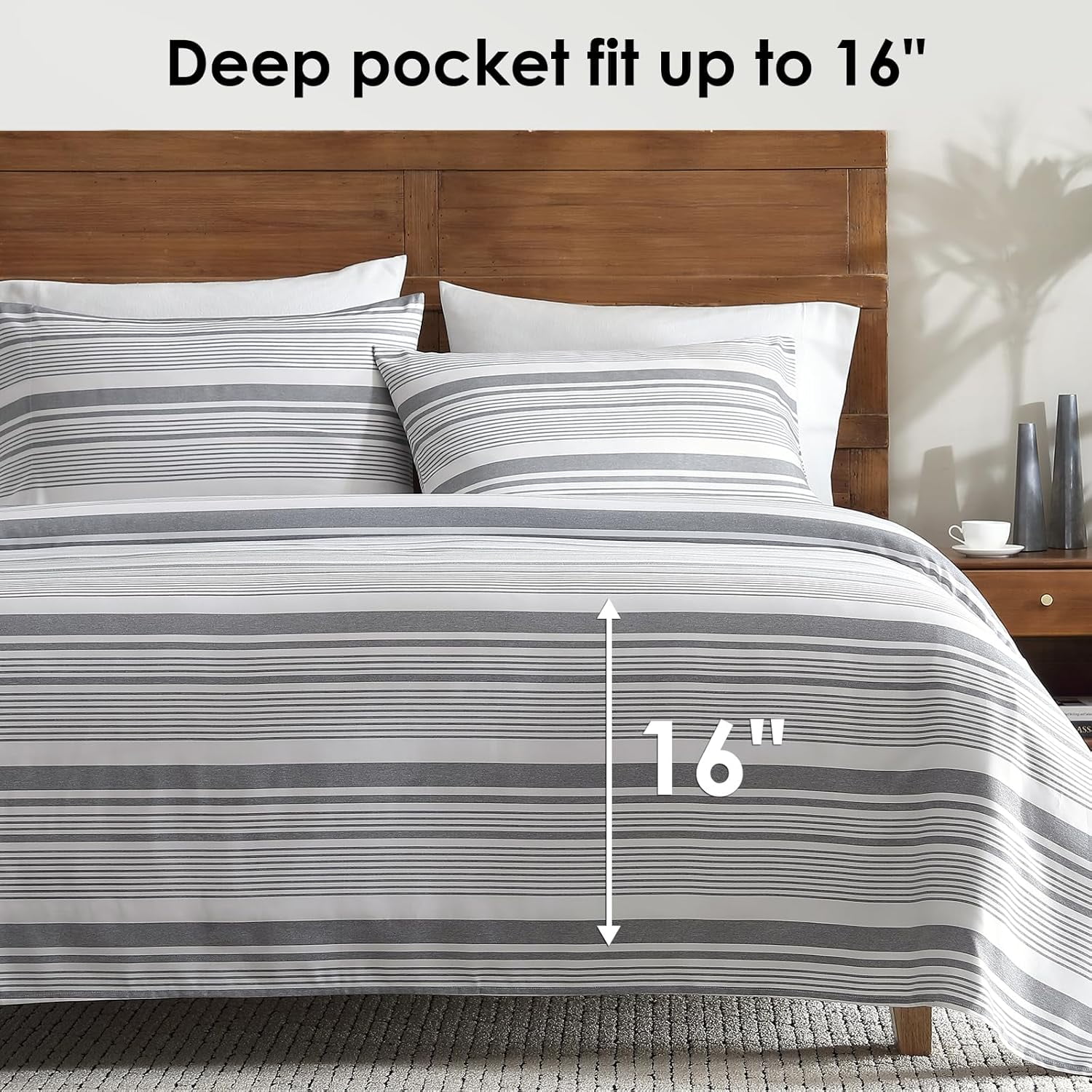 Ultra-Soft Home 3-Piece Twin Microfiber Classic Stripe Bed Sheet Set, Super Soft, Breathable Stripe Bedding with 16 inches Deep ... - Breathable Egyptian Cotton Flat & Fitted Sheets Detail
