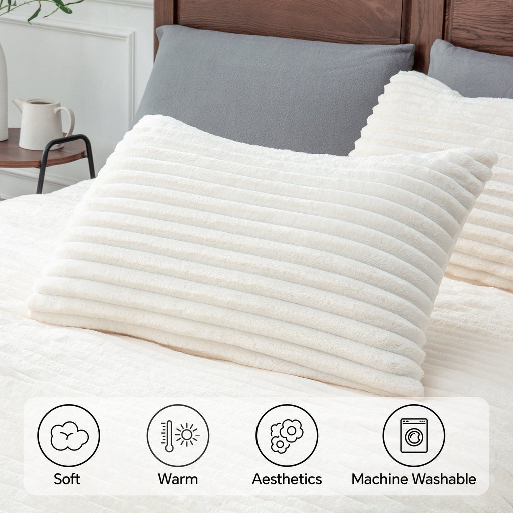 Fluffy Down Alternative Fleece Queen Comforter Set -Super Soft & Warm Fluffy White Bedding, Luxury Fuzzy Heavy Bed Set for Winter with 2 Pill... - Luxurious Quilted Duvet Cover Set Detail