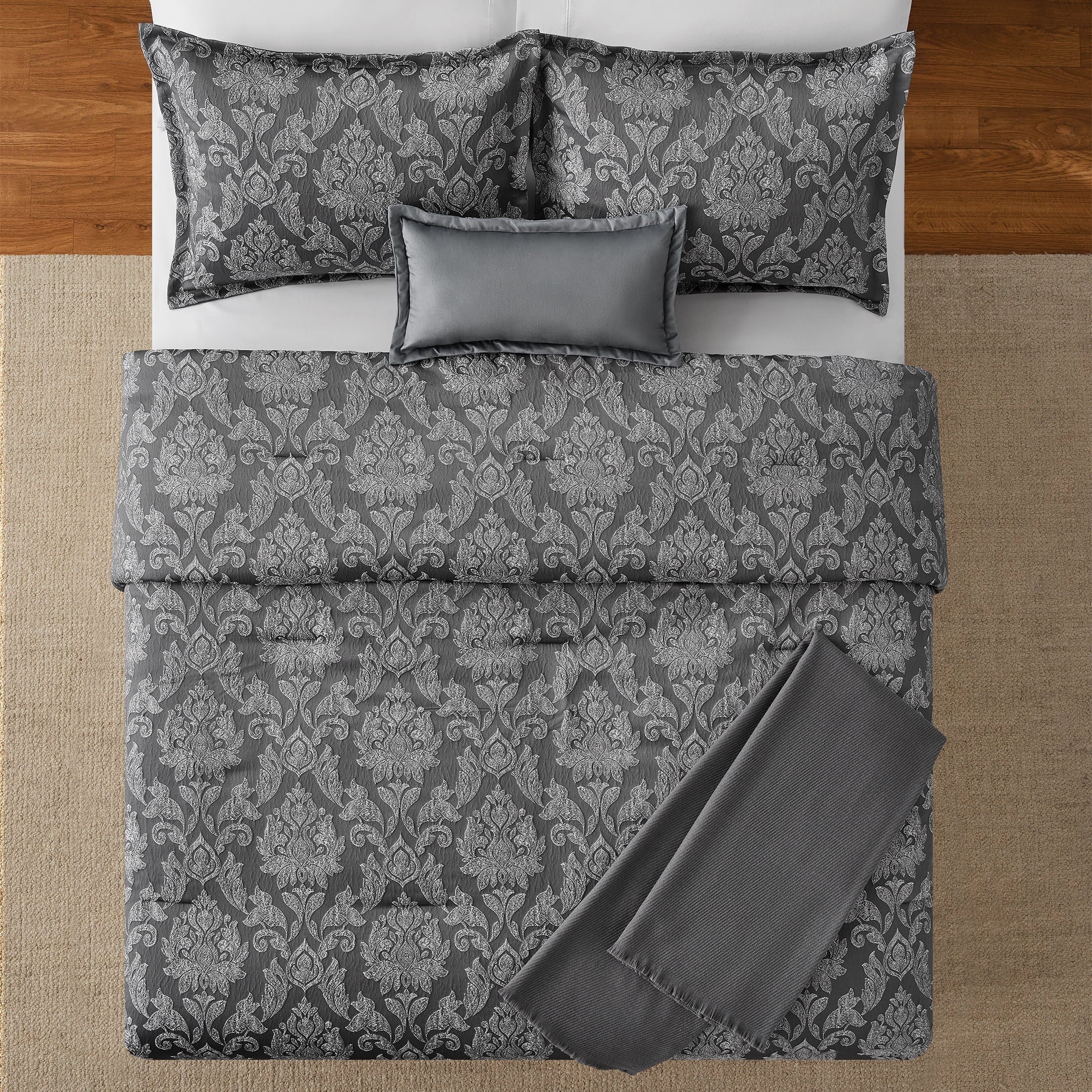 Heavyweight Warmth Full/Queen Comforter Set, All-Season, 5-Piece, Grey Jacquard Damask - Cloud-Like Soft Lightweight Bed Comforter Detail