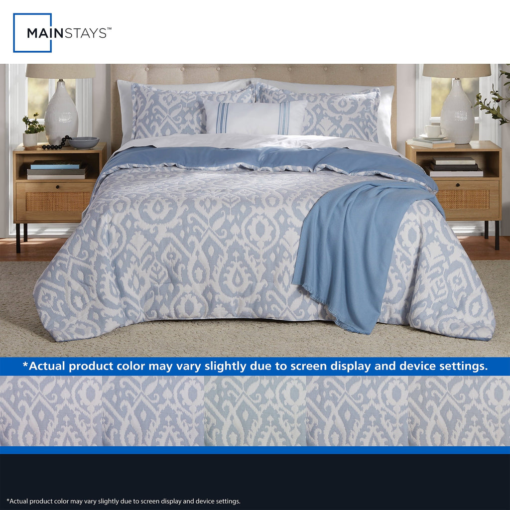 Fluffy Down Alternative Full/Queen Comforter Set, All-Season, 5-Piece, Blue Matelasse Ikat - Luxurious Quilted Duvet Cover Set Detail