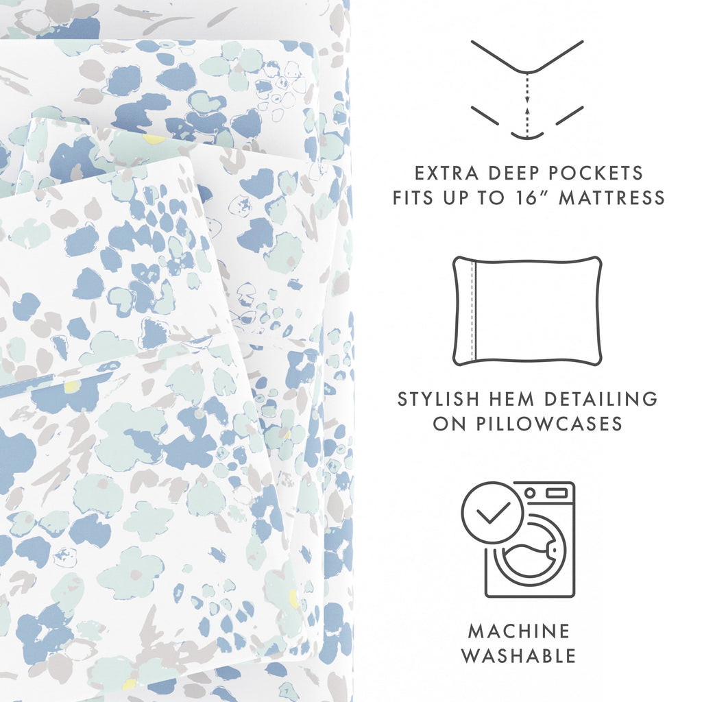 Breathable Luxury 4 Piece Pattern Microfiber Bed Sheets Set, Light Blue Violets, Full - Luxury Bed Sheet Set with Deep Pockets Detail