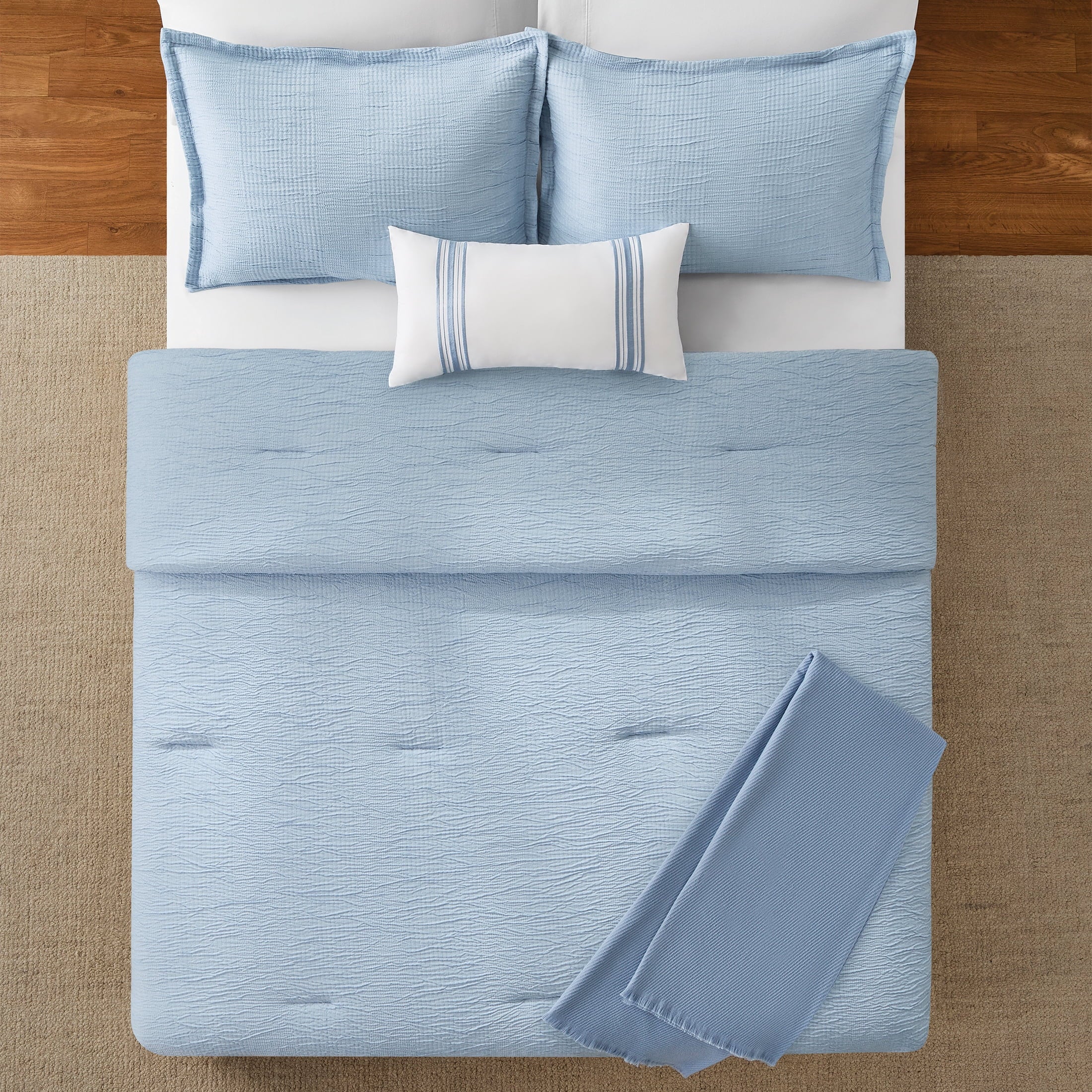 Luxurious Quilted Full/Queen Comforter Set, All-Season, 5-Piece, Blue Matelasse Tonal Stripe - Hypoallergenic Ultra-Fluffy Quilt for Winter Detail