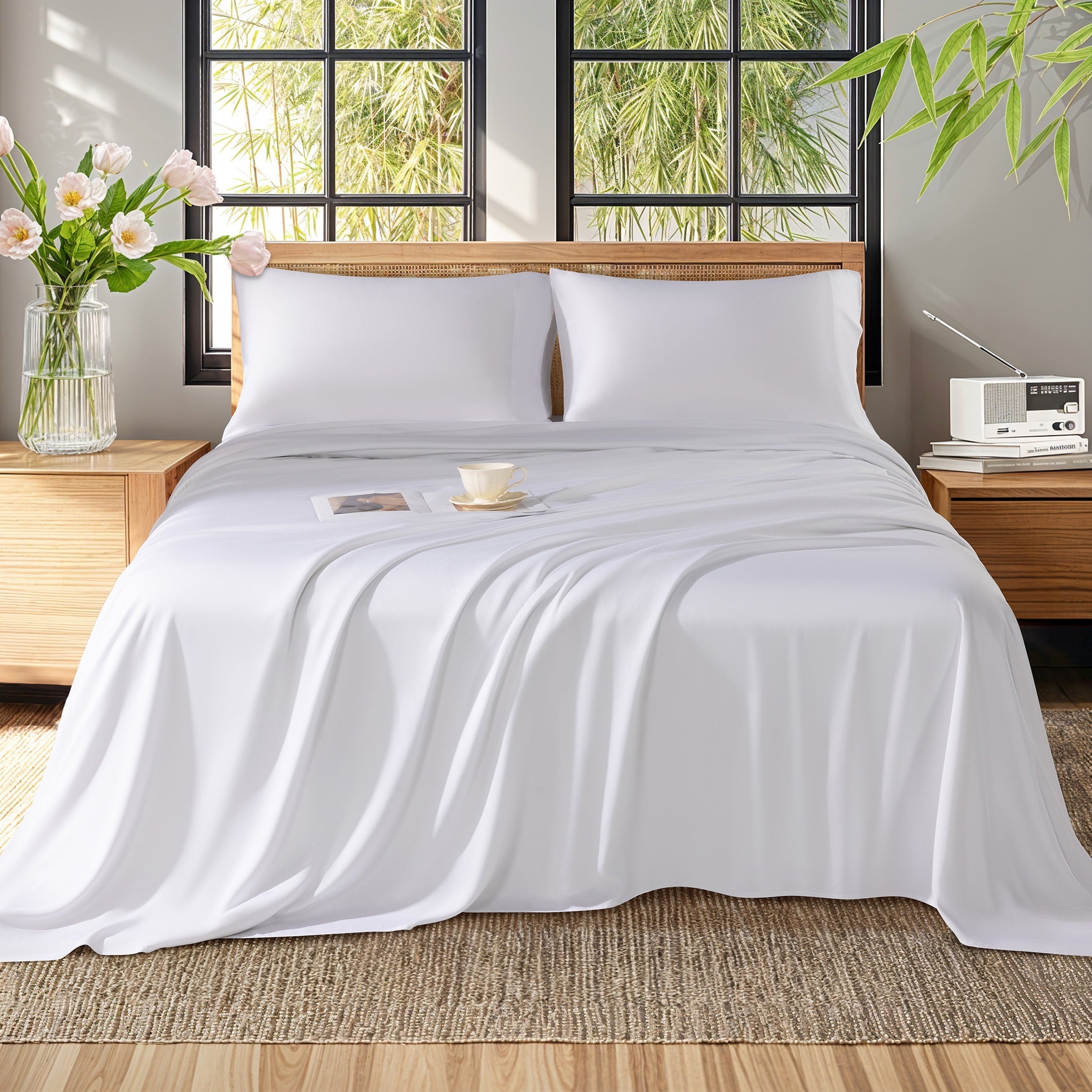 Breathable Luxury Bamboo Sheets Set, 4-Piece Queen Sheet Set with 16" Deep Pockets, Soft and Breathable Bed Sheets, White - Premium Ultra-Soft Pillowcase Pair for Sleeping Detail