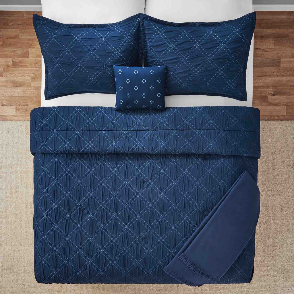 All-Season 5-Piece Reversible Comforter Set Navy Cross Stitch Bedding with Decor Pillow and Throw, Full/Queen - Hypoallergenic Ultra-Fluffy Quilt for Winter Detail