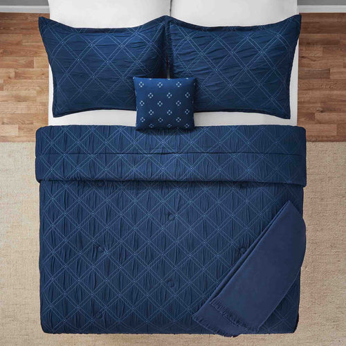 All-Season 5-Piece Reversible Comforter Set Navy Cross Stitch Bedding with Decor Pillow and Throw, Full/Queen - Hypoallergenic Ultra-Fluffy Quilt for Winter Detail
