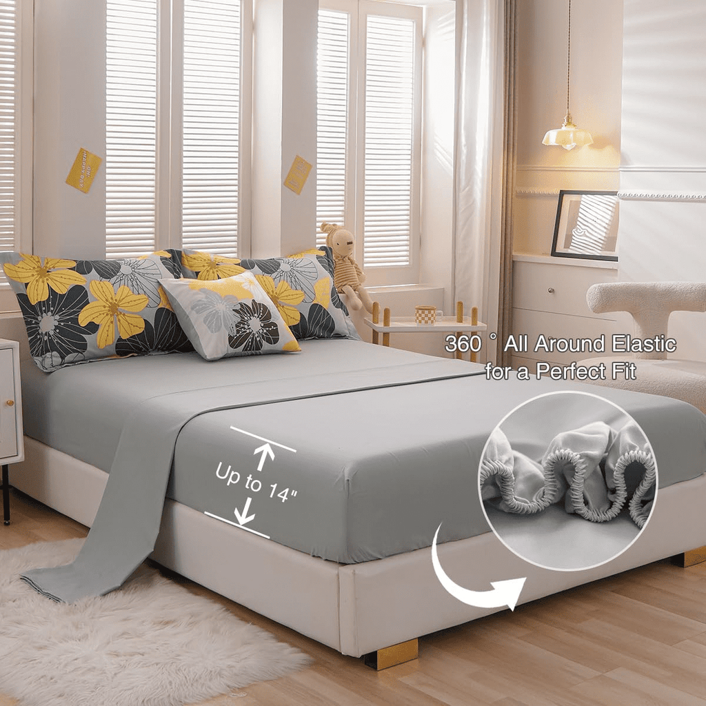 Hypoallergenic Cloud Yellow Floral Comforter Set Queen Flower Bed Set Adult Soft Botanical Boho Bedding Set - Cloud-Like Soft Lightweight Bed Comforter Detail