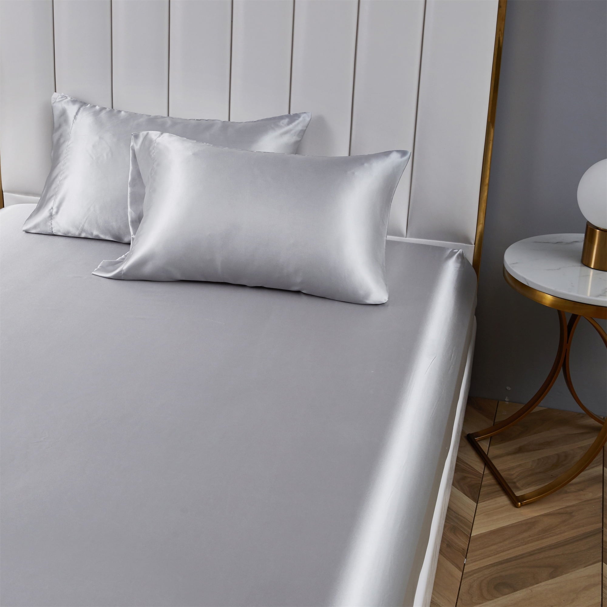 Premium Egyptian Cotton Satin Fitted Sheet King Size 14 Inch Deep Pocket Bed Sheet Silk Sheet Ultra Soft Machine Washable, Light Gray - Luxury Bed Sheet Set with Deep Pockets Detail