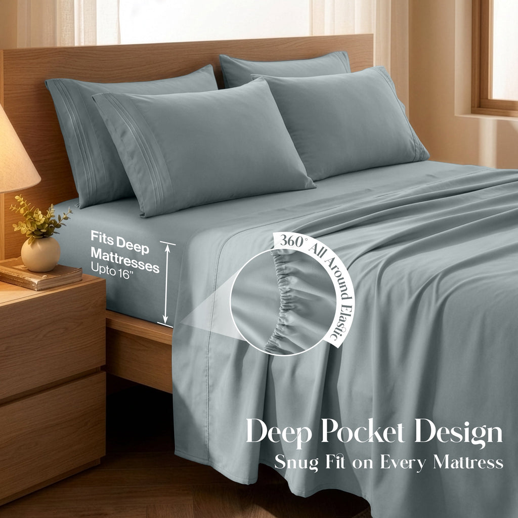 Cooling Sateen Bed Sheets - 6 Piece Ultra-Soft Microfiber Sheets Set, Deep Pocket Fitted Sheet, Flat Sheet & 4 Pillowcases, Breathab... - Cooling Hotel Quality Bedding Sheets and Pillowcases Detail