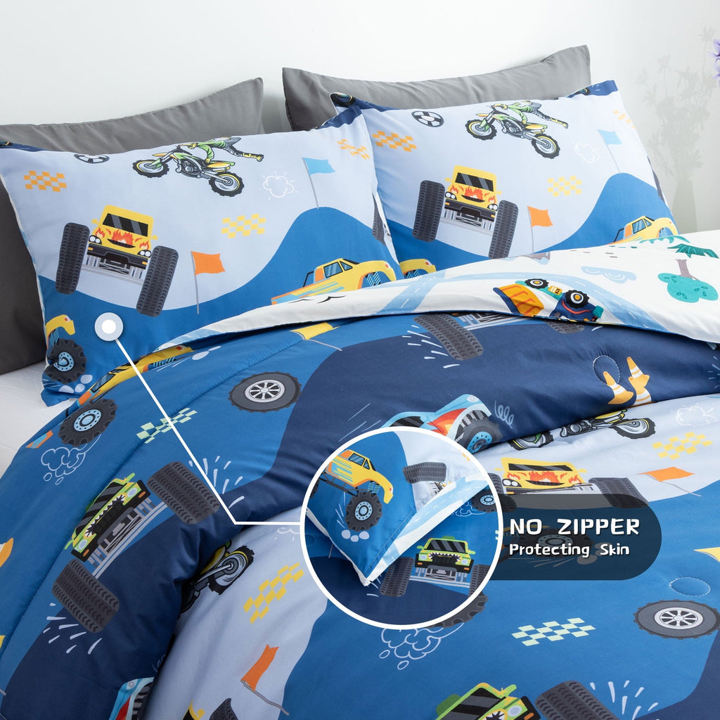 Hypoallergenic Cloud 3Pcs Reversible Construction Truck Twin Comforter Set for Boys Kids Excavator Vehicle Motorcycle Bedding Set Blue - Cloud-Like Soft Lightweight Bed Comforter Detail