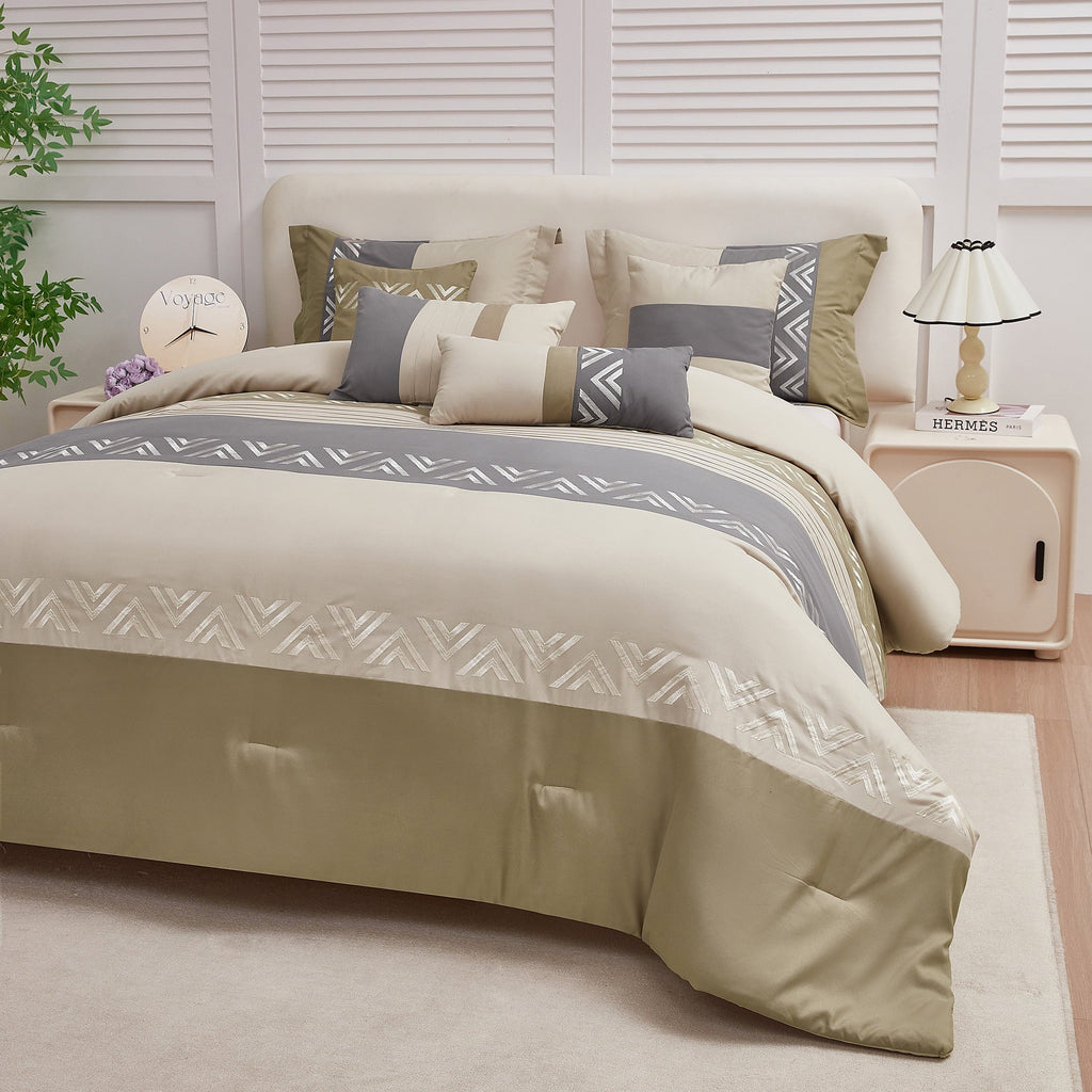 Heavyweight Warmth 7 Piece Embroidery Design Bed-in-a-Bag, Taupe Queen Size Ultra Soft Comforter Set for Adults - Hypoallergenic Ultra-Fluffy Quilt for Winter Detail