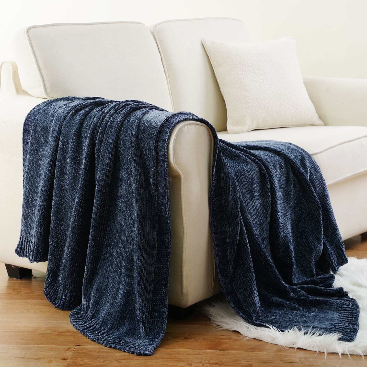Reversible Sherpa Navy Blue Chenille Throw for Couch Bed,Soft Navy Knit Blanket, Housewarming Gifts, 51"x 67" - Lightweight Plush Warm Blanket for All Seasons Detail