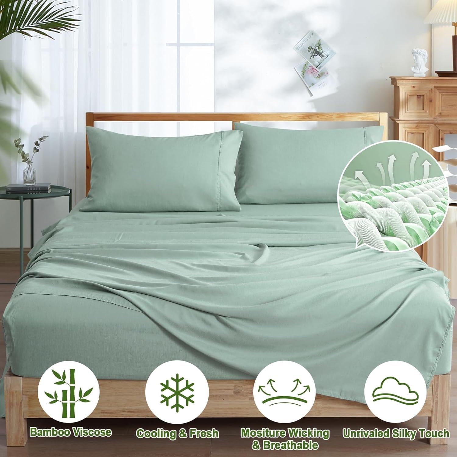 Wrinkle-Resistant Bamboo Bed Sheet Sets, 4 Pieces King Silky Soft Bedding Sheets, 1800 Thread Count 16 Inch Deep Pockets, Sage Green - Cooling Hotel Quality Bedding Sheets and Pillowcases Detail