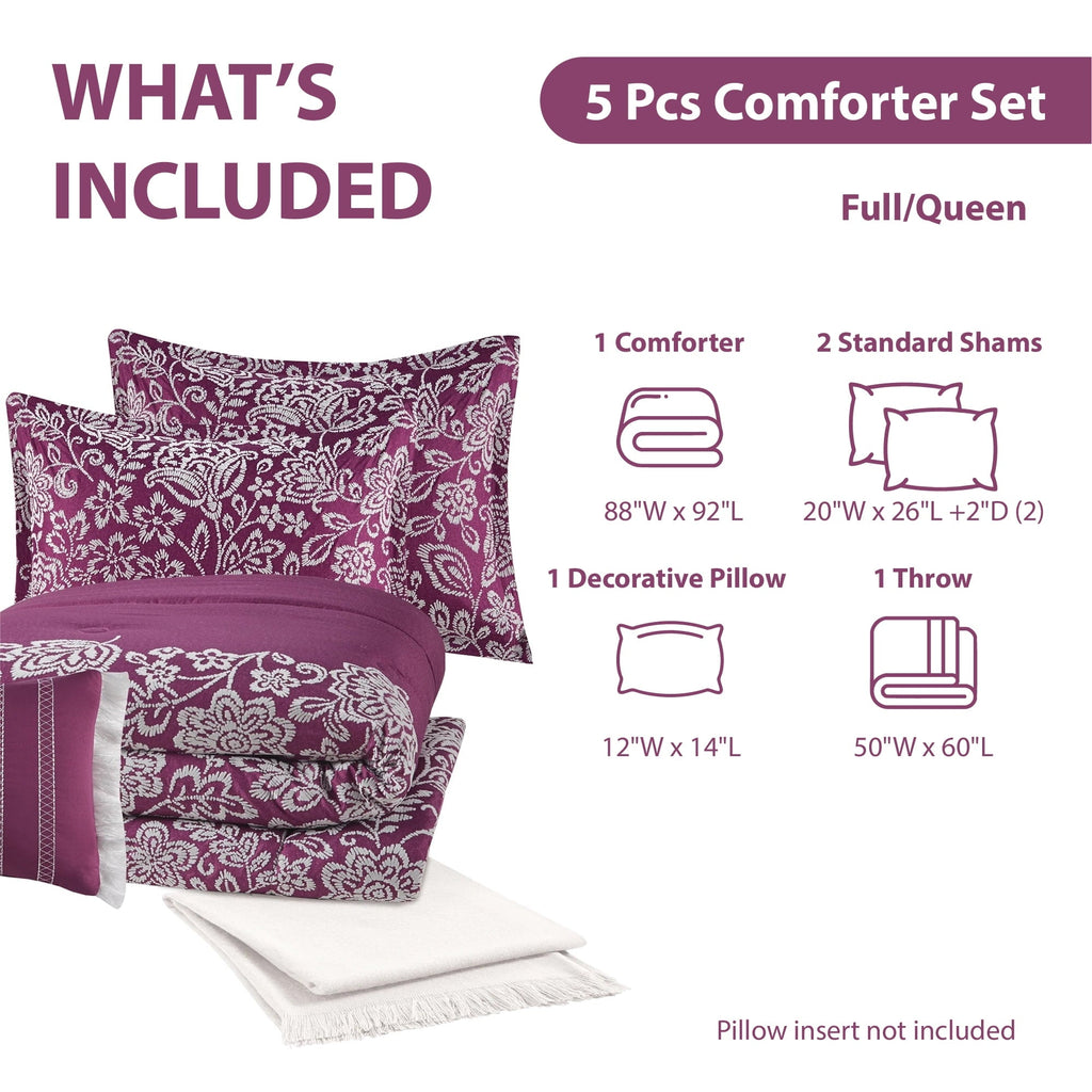 Fluffy Down Alternative 5-Piece Jacquard Comforter Set with Decor Pillow and Throw Purple Flocking Embroidery Bedding Set, Full/Queen - Hypoallergenic Ultra-Fluffy Quilt for Winter Detail