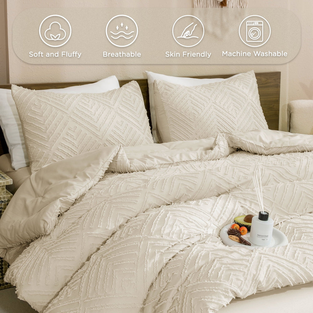Heavyweight Warmth King Size Comforter Sets Beige - 3 Pieces Cream Boho Bedding Comforter Set for King Bed - Soft Fluffy Tufted Textured... - Luxurious Quilted Duvet Cover Set Detail