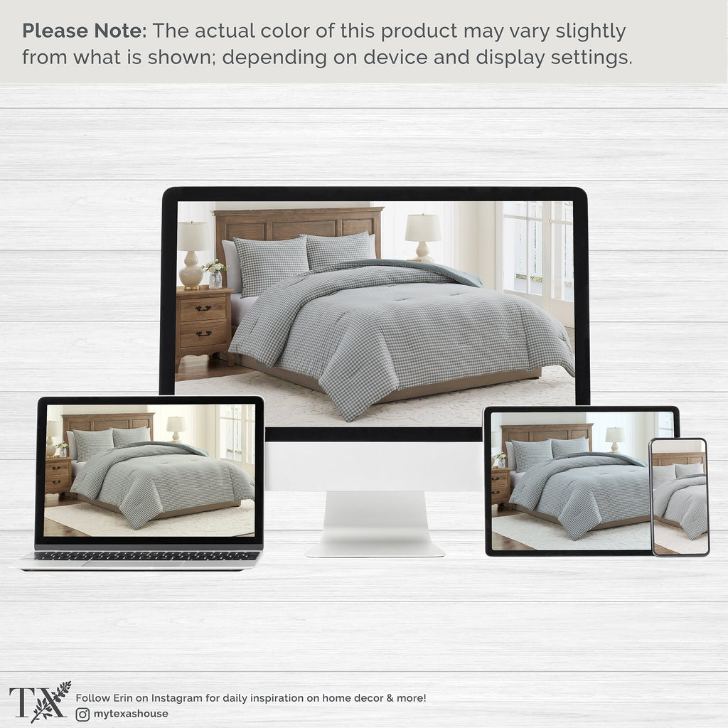 Fluffy Down Alternative Full/Queen Comforter Set, All-Season, 3-Piece, Green Gingham Plaid - All-Season Down Alternative Comforter Insert Detail