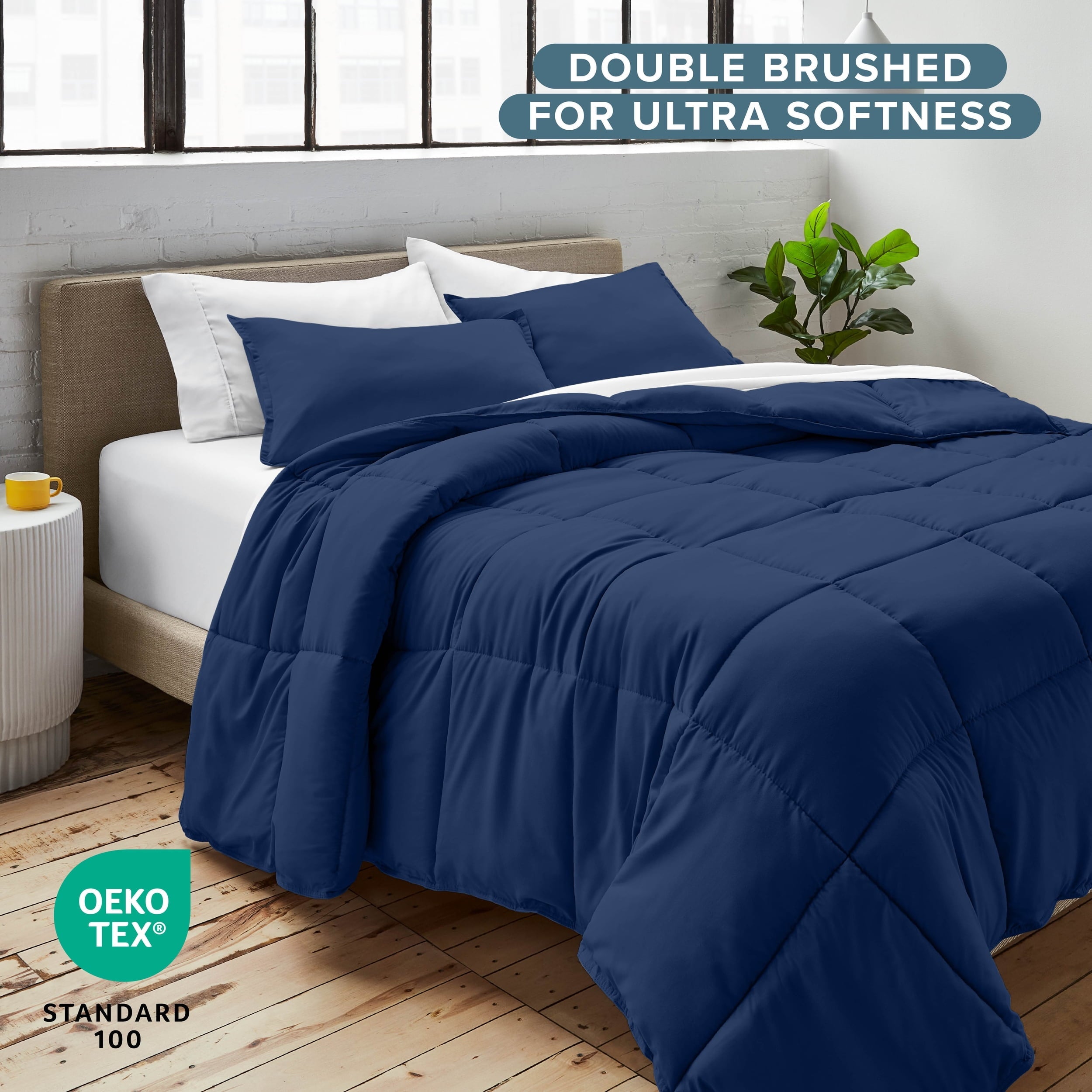 Luxurious Quilted Down Alternative Comforter Set - 3-Pieces - All Seasons - Queen, Dark Blue - Hypoallergenic Ultra-Fluffy Quilt for Winter Detail