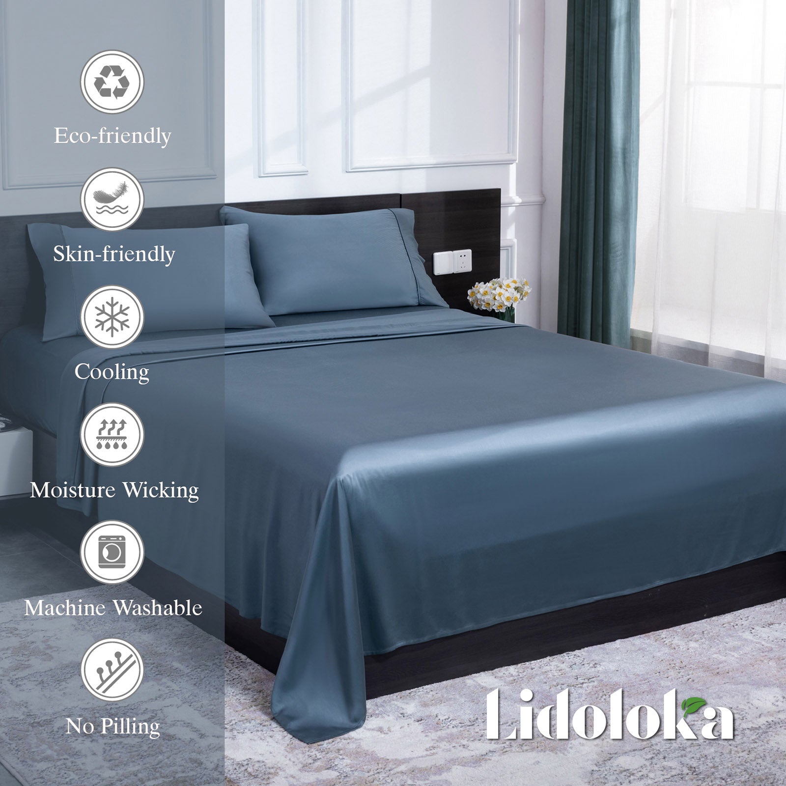 Wrinkle-Resistant Luxury Bamboo Bed Sheets Set Full 4 Pcs for Adult,Soft&Cool,16" Deep Pocket,Blue Gray - Premium Ultra-Soft Pillowcase Pair for Sleeping Detail