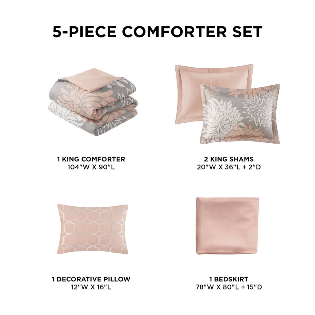 Fluffy Down Alternative King Size Comforter Set, 5-Piece Floral Bedding Set for All Season, Blush Comforter Set King with Bed Skirt - Hypoallergenic Ultra-Fluffy Quilt for Winter Detail