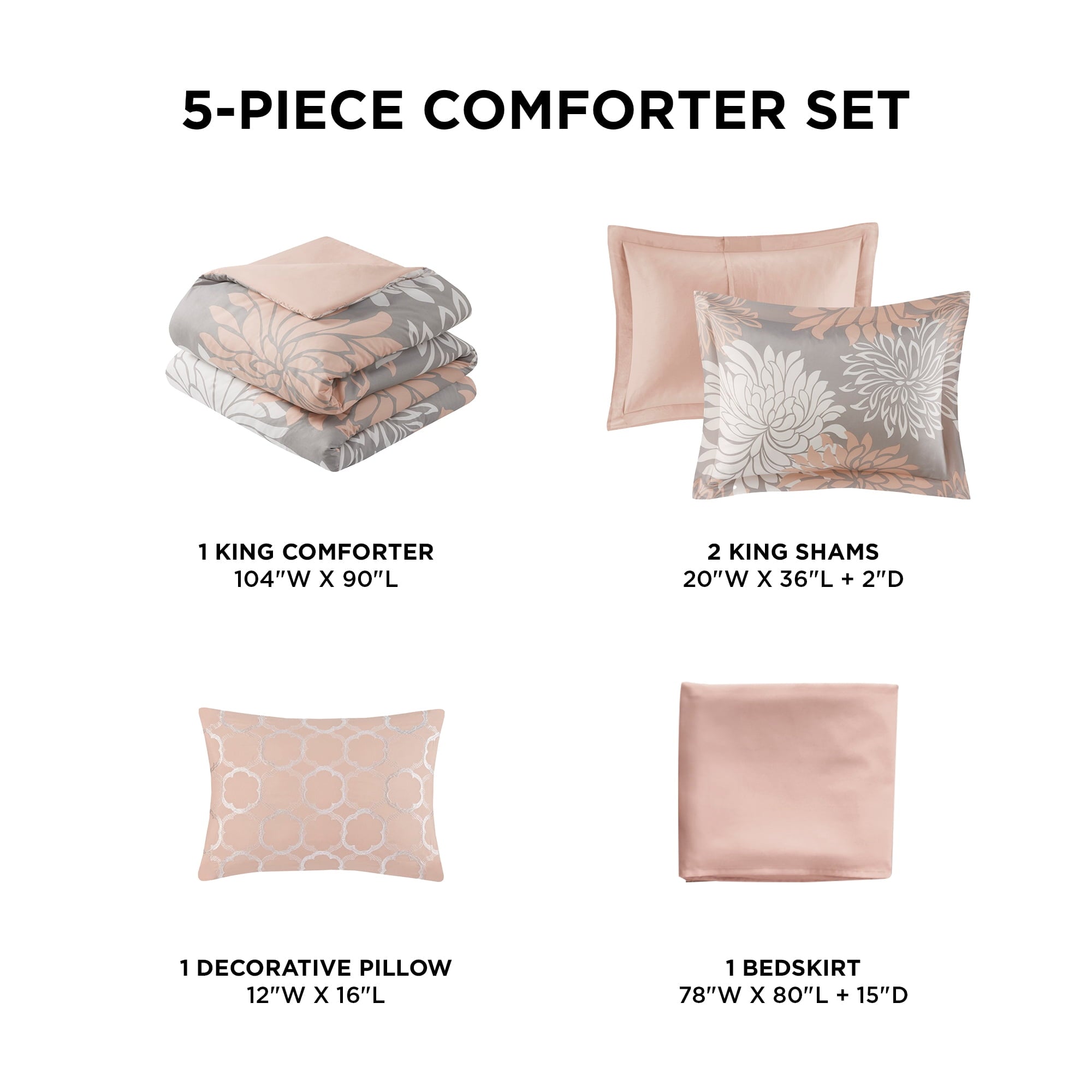 Fluffy Down Alternative King Size Comforter Set, 5-Piece Floral Bedding Set for All Season, Blush Comforter Set King with Bed Skirt - Hypoallergenic Ultra-Fluffy Quilt for Winter Detail