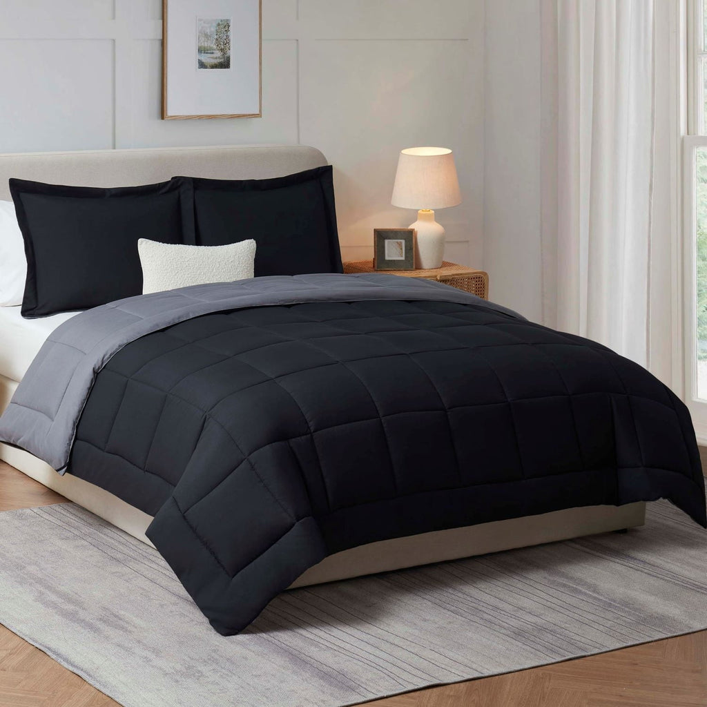 Fluffy Down Alternative Queen Comforter Set, 3 Piece Bed in a Bag, Reversible Down Alternative Bedding Set, Black & Gray - Cloud-Like Soft Lightweight Bed Comforter Detail