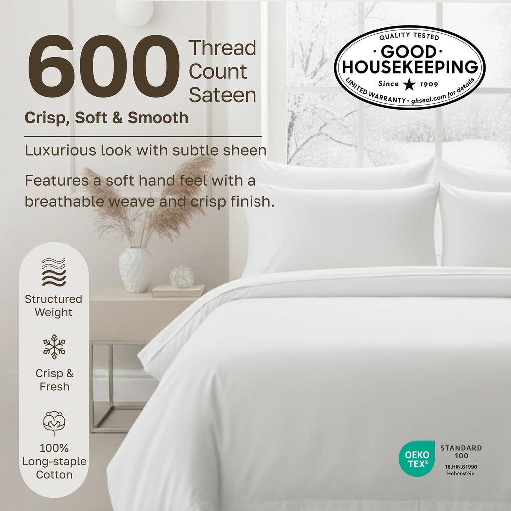 Wrinkle-Resistant 100% Cotton Queen Sheets Set - 600 Thread Count 100% Cotton Sheets Queen, Sateen Deep Pocket Adult/Teen 4 Piece Bed Sh - Premium Ultra-Soft Pillowcase Pair for Sleeping Detail