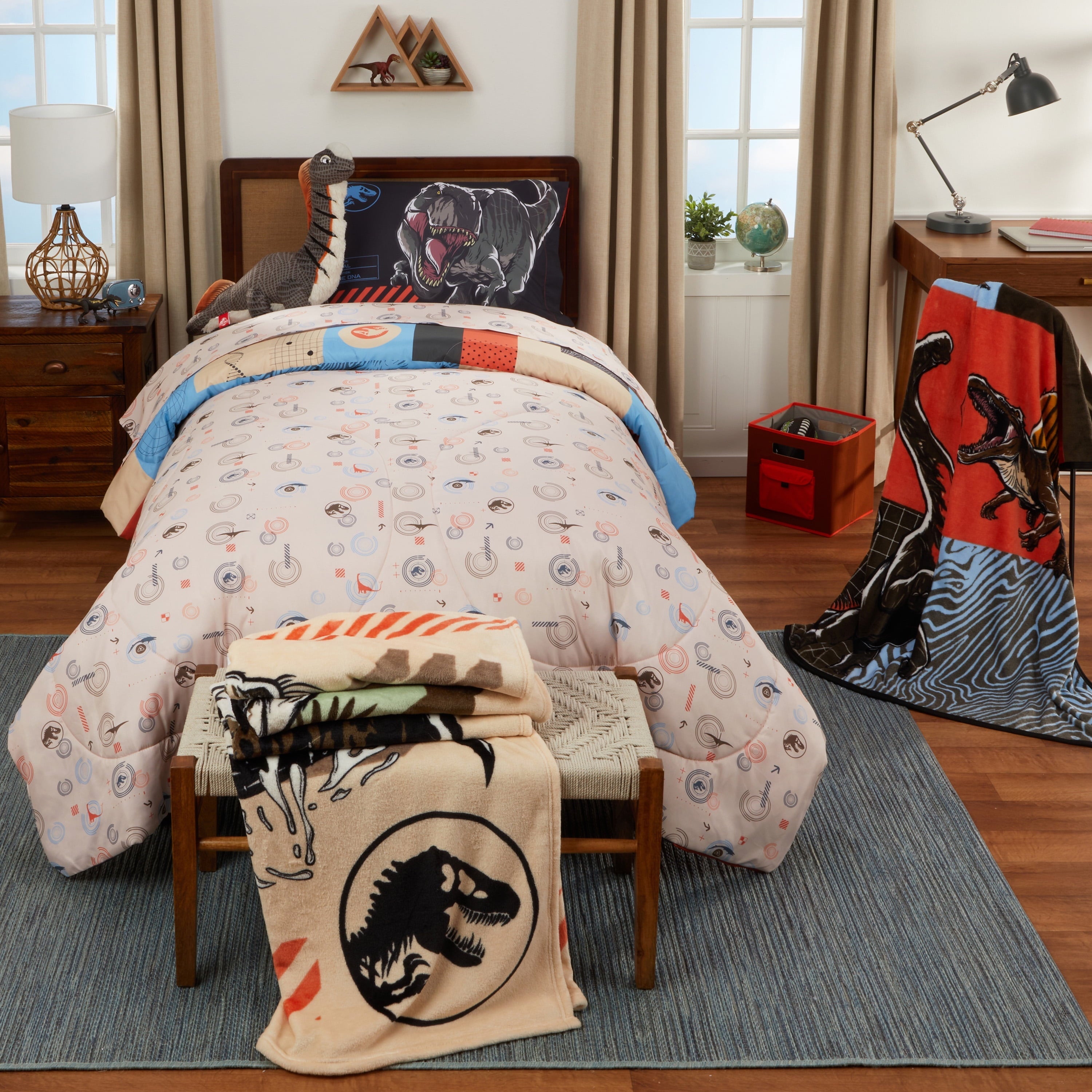 Heavyweight Warmth Kids 2 Piece Blue Orange Reversible Dinosaur Comforter and Pillowcase set, Twin/full - Hypoallergenic Ultra-Fluffy Quilt for Winter Detail