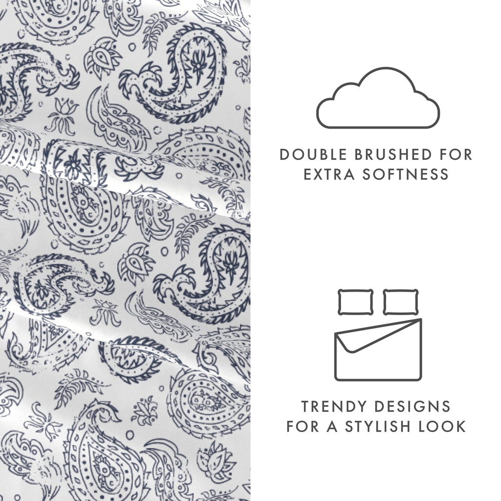 Premium Egyptian Cotton 4 Piece Pattern Microfiber Bed Sheets Set, Navy Coarse Paisley, Full - Breathable Egyptian Cotton Flat & Fitted Sheets Detail