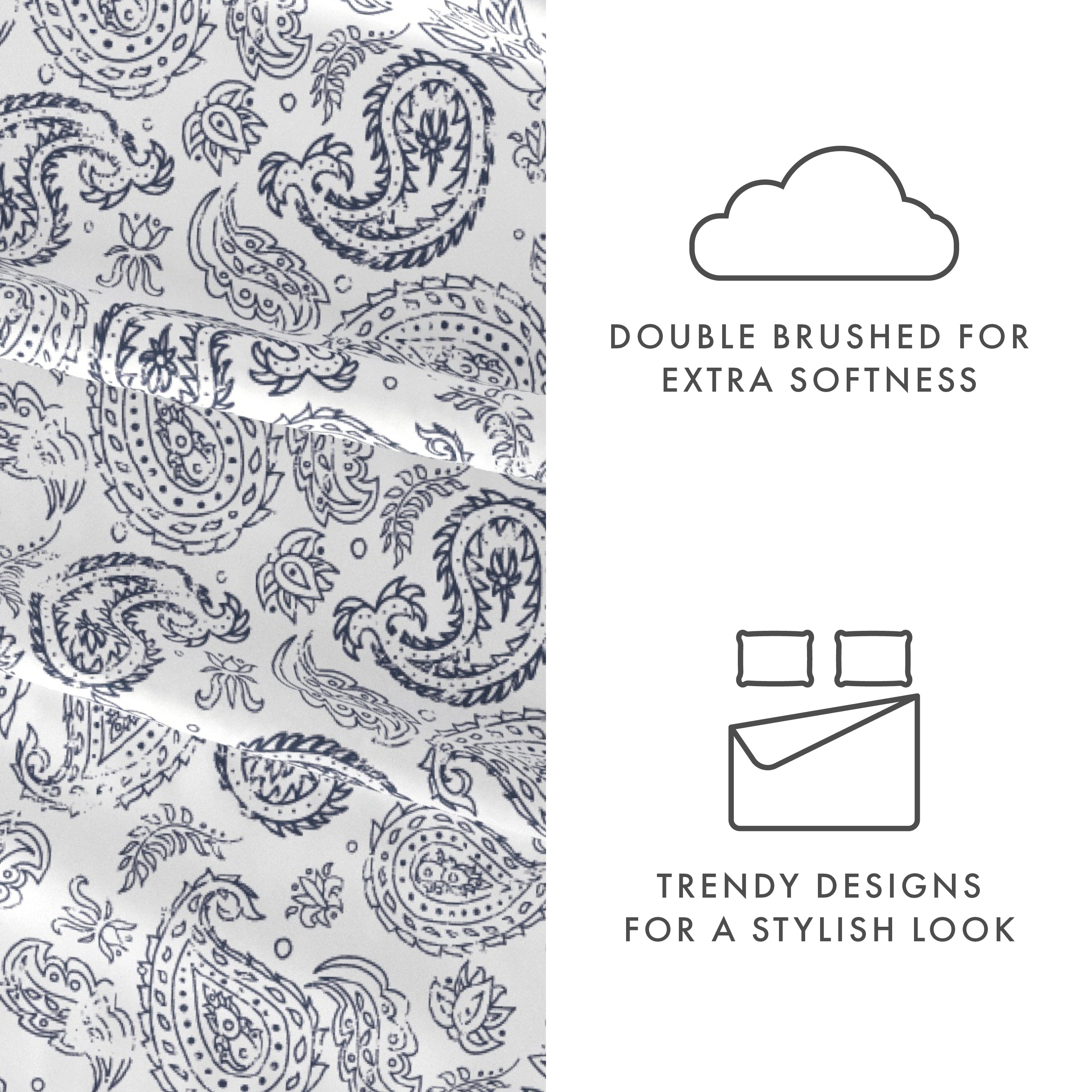 Premium Egyptian Cotton 4 Piece Pattern Microfiber Bed Sheets Set, Navy Coarse Paisley, Full - Breathable Egyptian Cotton Flat & Fitted Sheets Detail