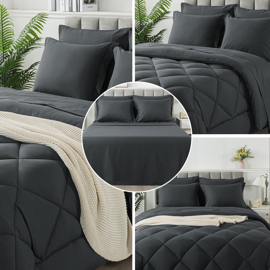 Hypoallergenic Cloud Queen Bed in a Bag Comforter Set with 7 Pieces - Dark Gray All Season Bedding Sets with Comforter, Pillow Shams, Flat... - Luxurious Quilted Duvet Cover Set Detail