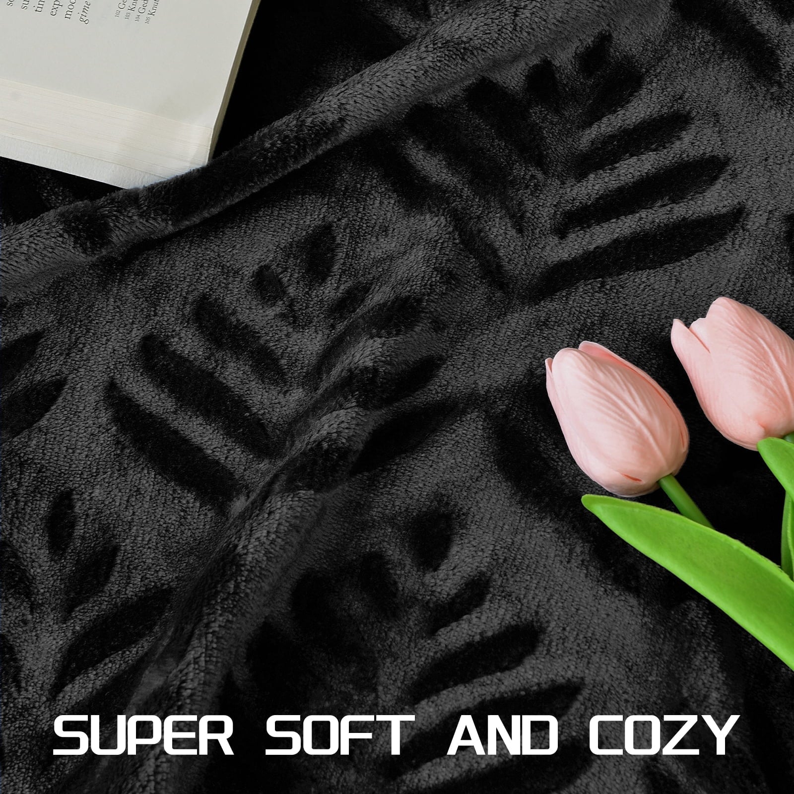 Reversible Sherpa Fleece Throw Blanket for Couch, Leaves Pattern Super Soft and Cozy Blankets, Plush Fuzzy Lightweight, Black, 50"x60" - Luxury Knitted Decorative Throw Blanket with Fringes Detail