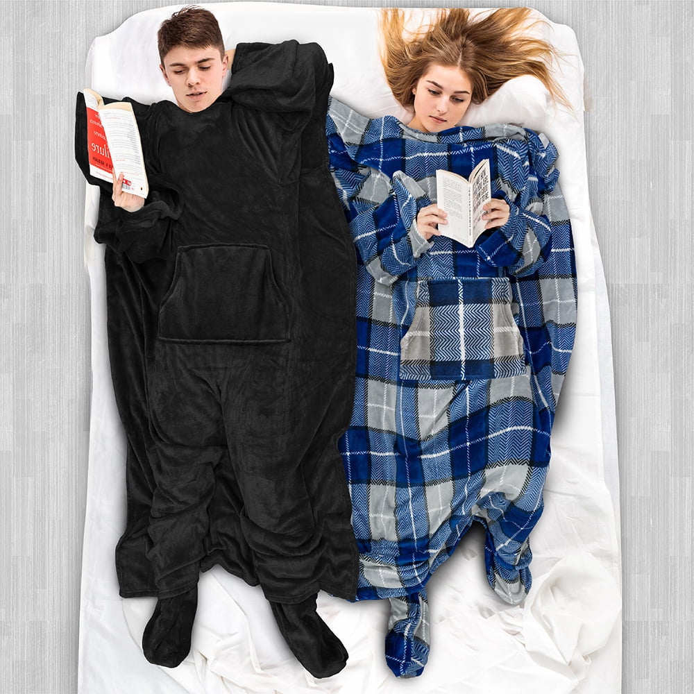 Reversible Sherpa Fleece Blanket with Sleeves, Foot Pockets for Women Men Adults, Plush Wearable Blanket Throw Wrap, Warm Snuggle Blank... - Cozy Fleece Throw Blanket for Couch & Bed Detail